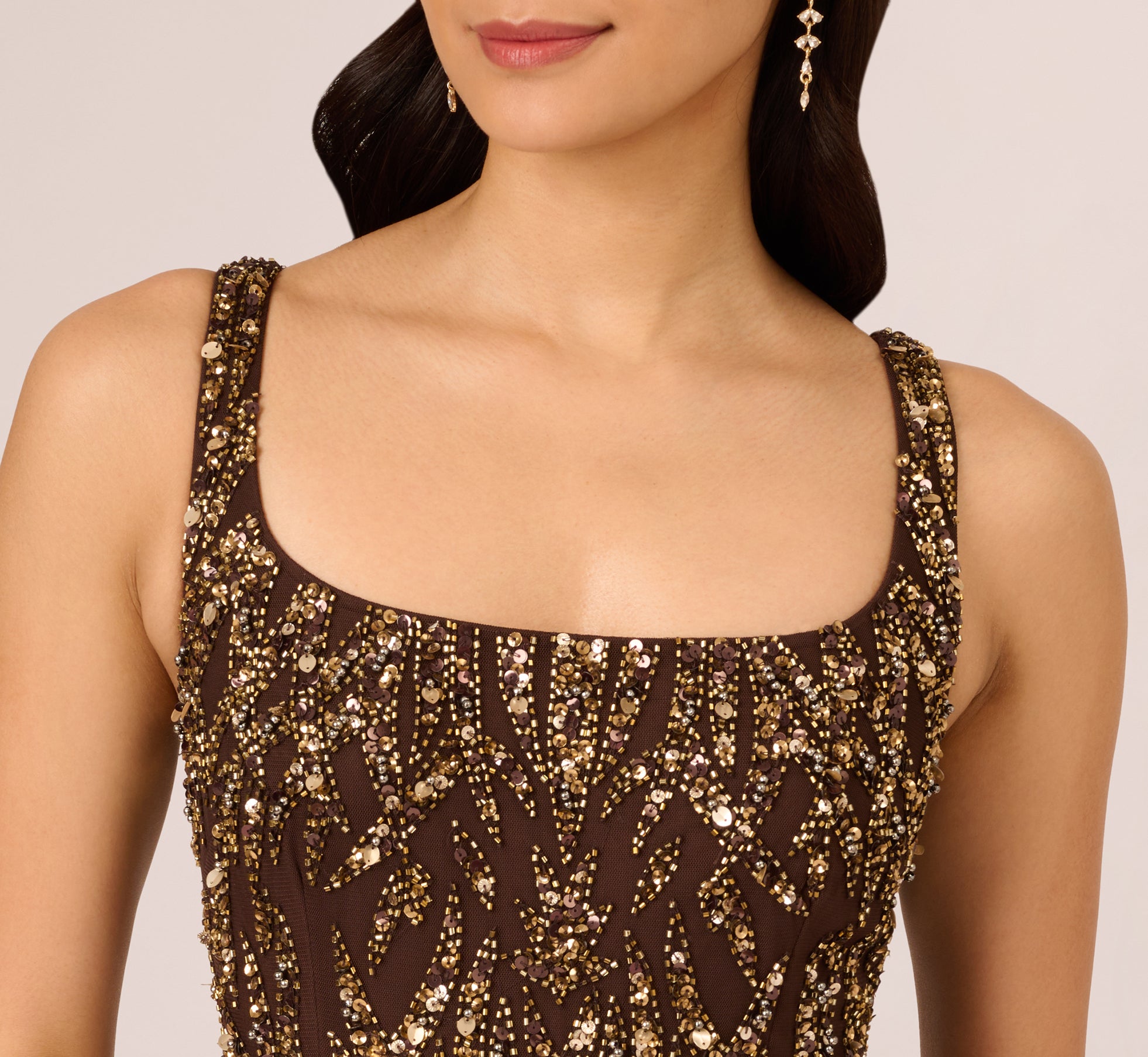 Sleeveless Beaded Mermaid Gown With Square Neckline In Chocolate、mySite、solidvoid