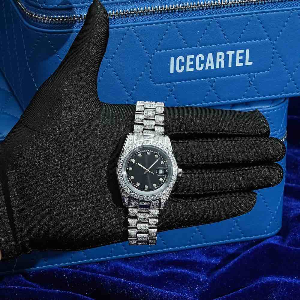 Moissanite Presidential Watch | Black Face | 41MM | 13.3CT Iced Out | 14K White Gold、mySite、hinf8tx79