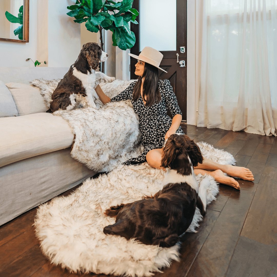 PupRug™ Runner Faux Fur Memory Foam Dog Bed - Curve White with Brown Accents、mySite、solidvoid