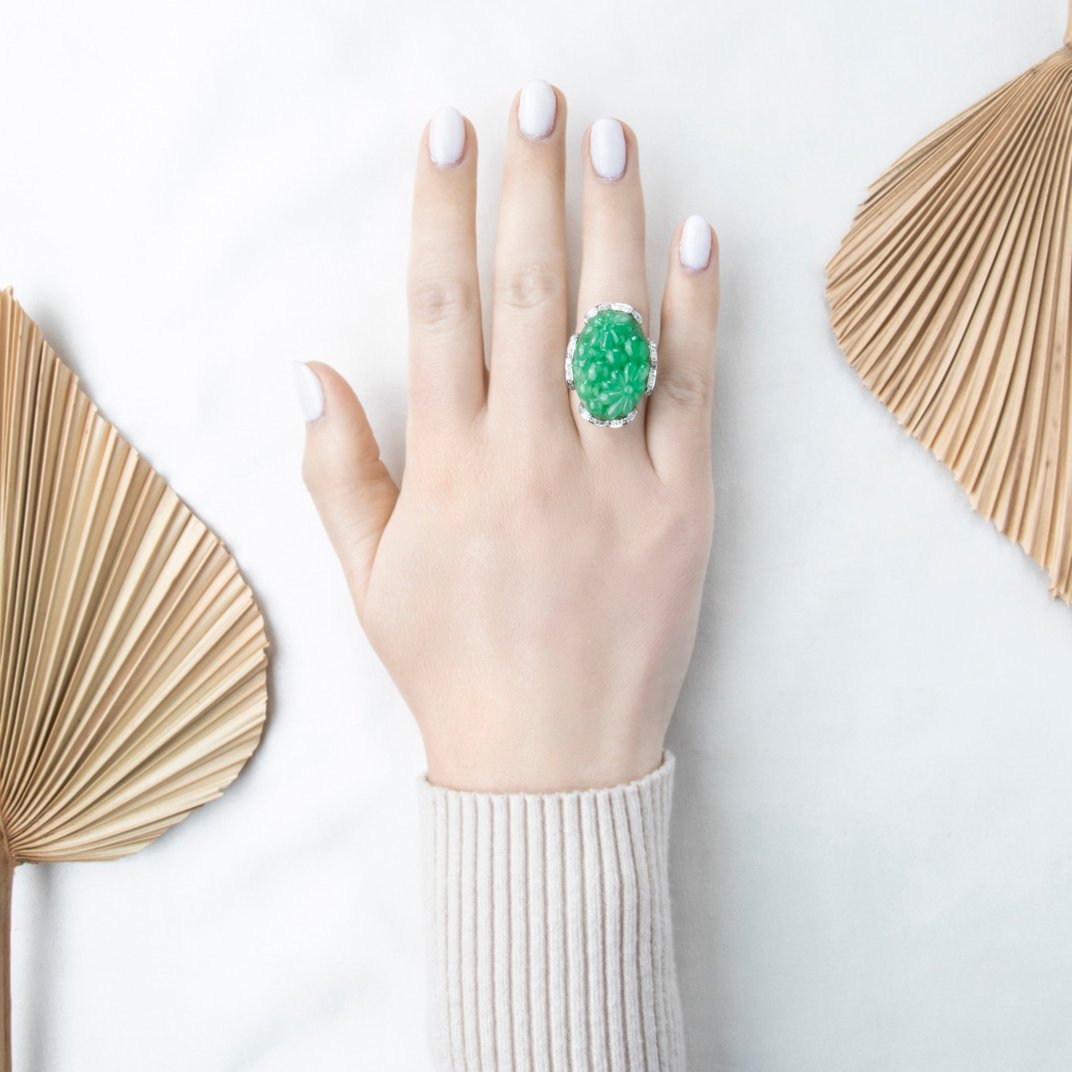 Vintage Oversized 14k White Gold 22ct Jade Diamond Carved Cocktail Ring 7.25、mySite、hinf8tx79