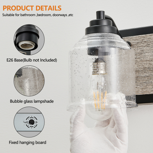 40&quot; Farmhouse Vanity Light Fixture, 5-Light Bathroom Wall Sconce with Clear Seeded Glass Shades, Black and Wood Grain Finish, Modern Industrial Design for Bathroom or Powder Room (No Bulbs)、、eastwooduniform