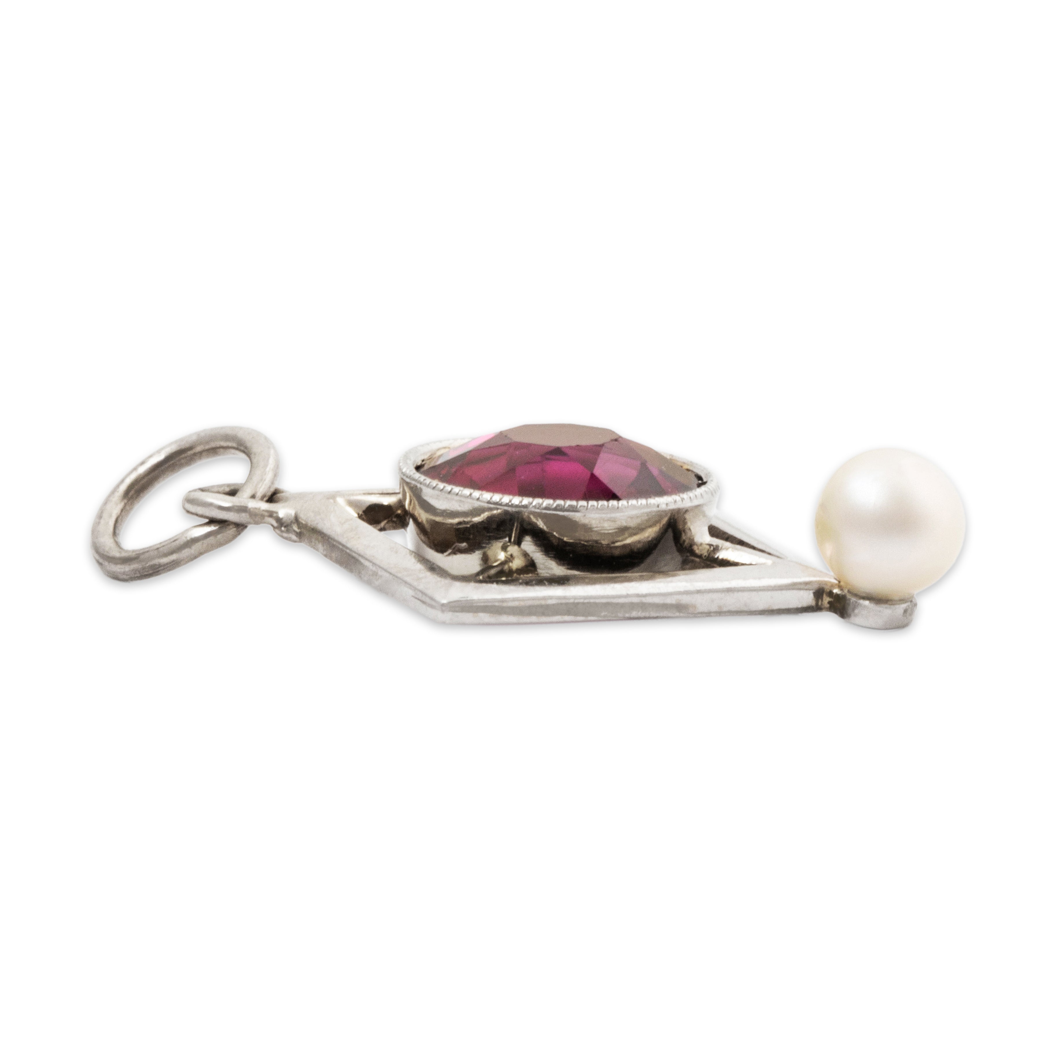 Antique 14k White Gold 1ct Garnet Pearl Geometric Charm / Pendant、mySite、hinf8tx79