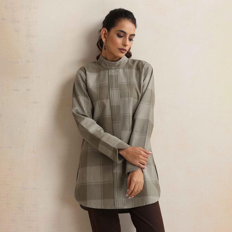 Cotton High Neck Short Kurta For Women | Checkered Print | Green、mySite、camillekostekn