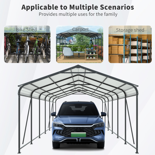 12 X 32 FT Carport, Heavy Duty Carport with Galvanized Steel Roof and Frame, Metal Carport Large Garage with 4 Fixed inclined square tube supports for Driveway Car, Truck、、eastwooduniform