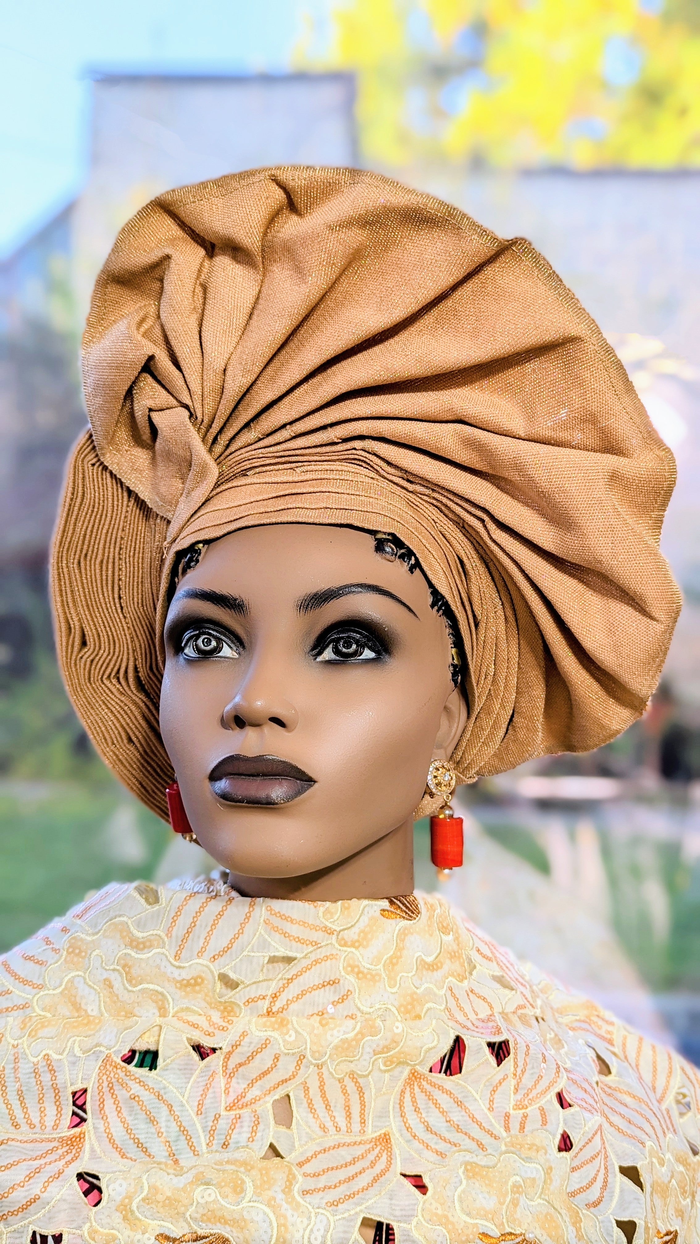 Awela Pastel Brown African Aso Oke head tie Autogele pre-tied Head wrap hat-DPAPBB34、mySite、solidvoid