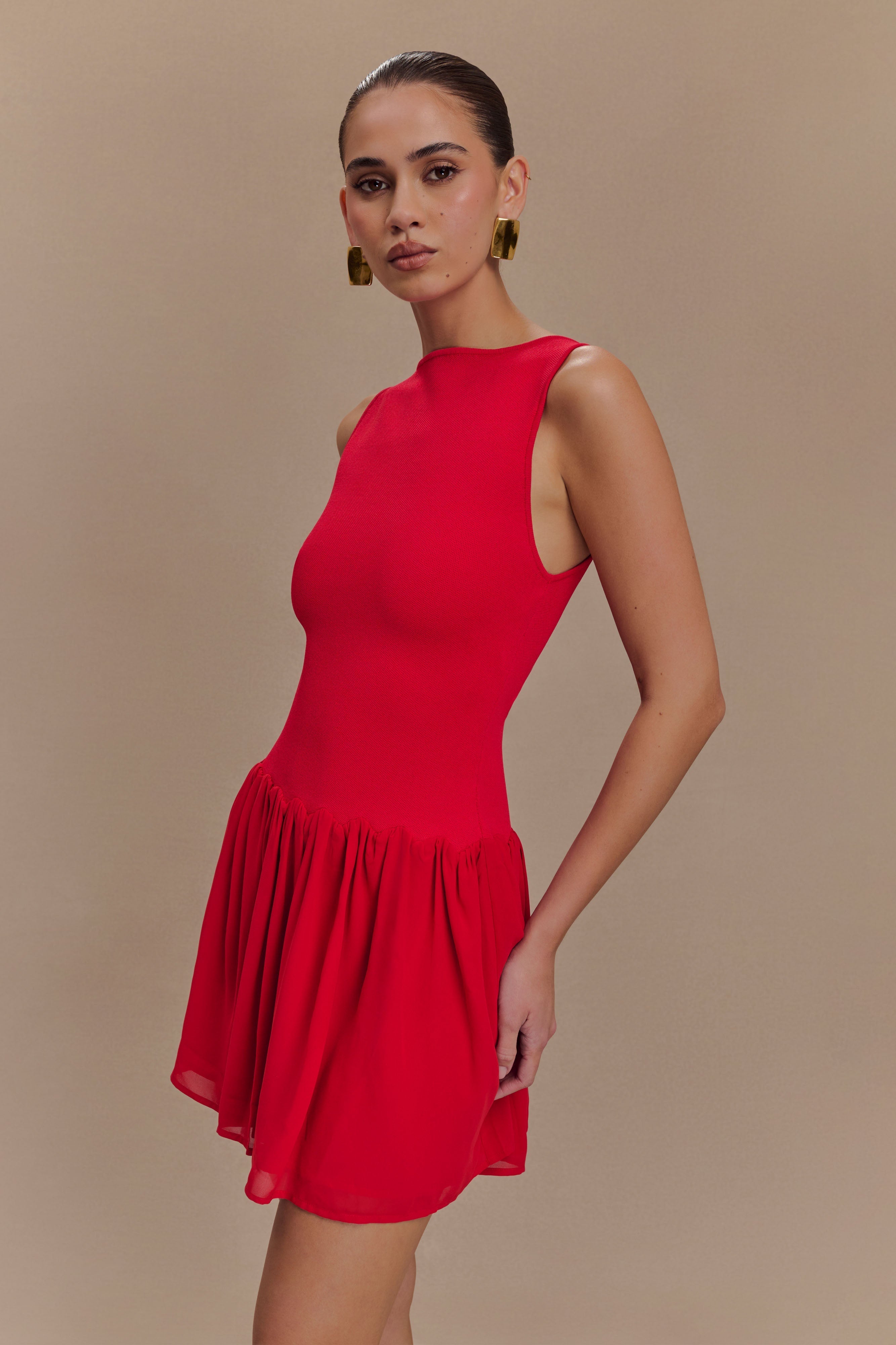 Ashleigh Knit And Chiffon Mini Dress - Red、mySite、solidvoid