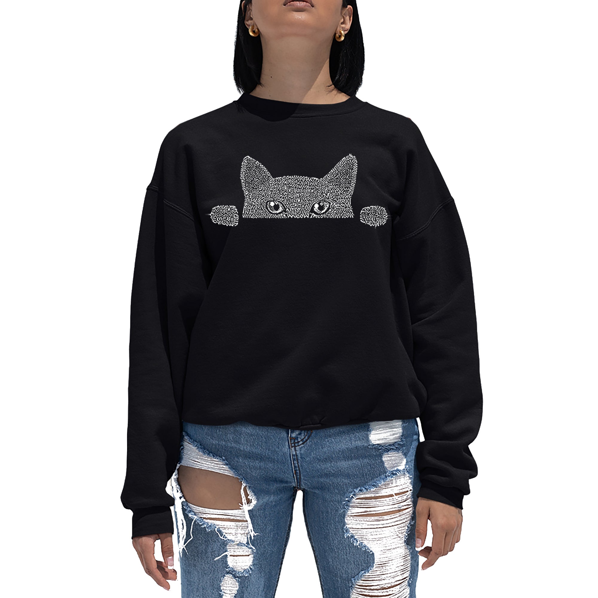Peeking Cat - Women's Word Art Crewneck Sweatshirt、mySite、camillekostekn