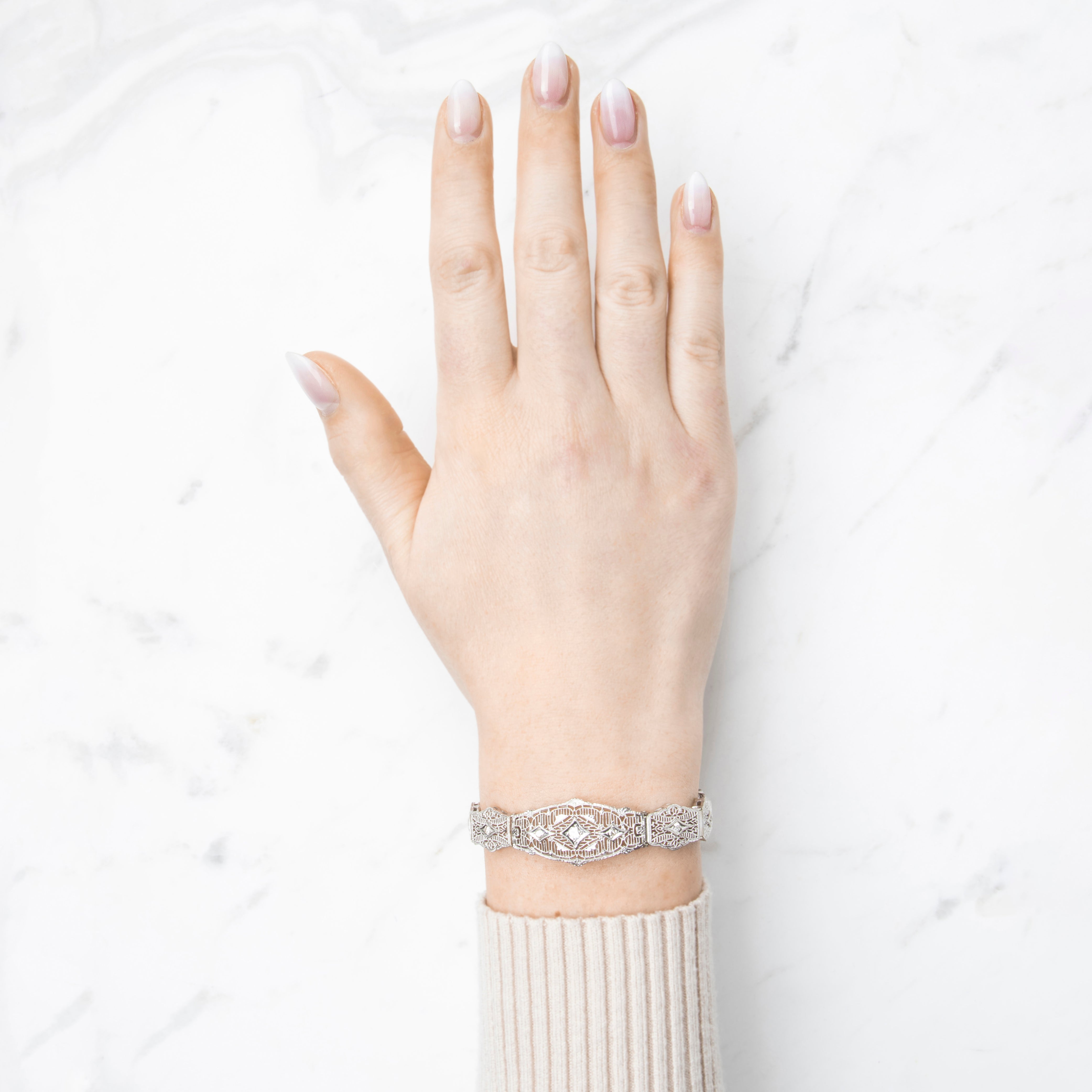 Antique Art Deco 14k White Gold .268cttw Diamond Openwork Bracelet 6.75、mySite、hinf8tx79