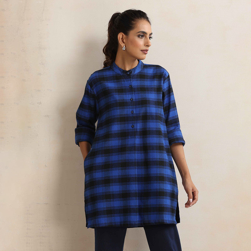 Cotton Short Kurta For Women | Mandarin Collar | Checkered Print | Blue、mySite、camillekostekn