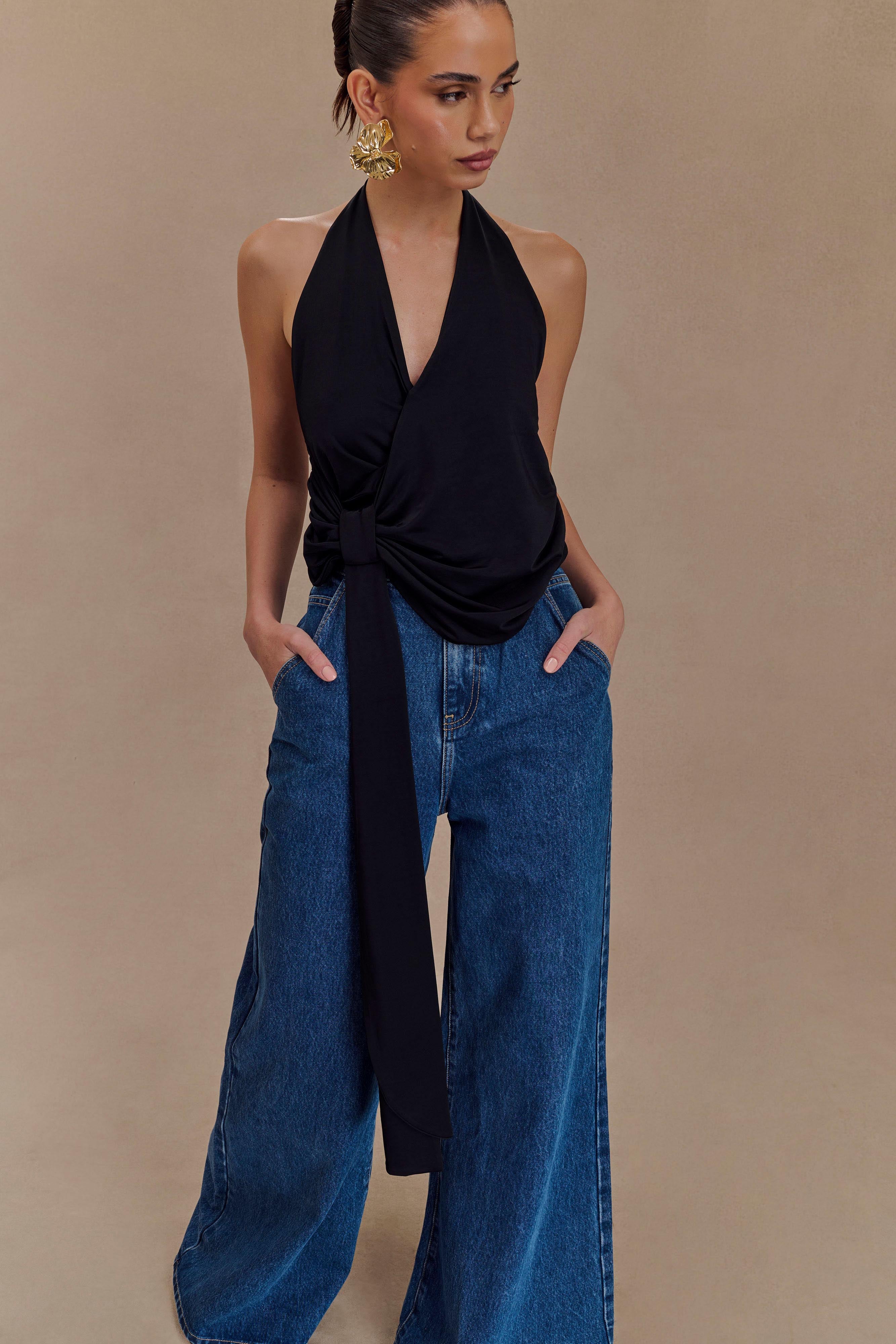 Tyla Draped Slinky Halter Top - Black、mySite、solidvoid