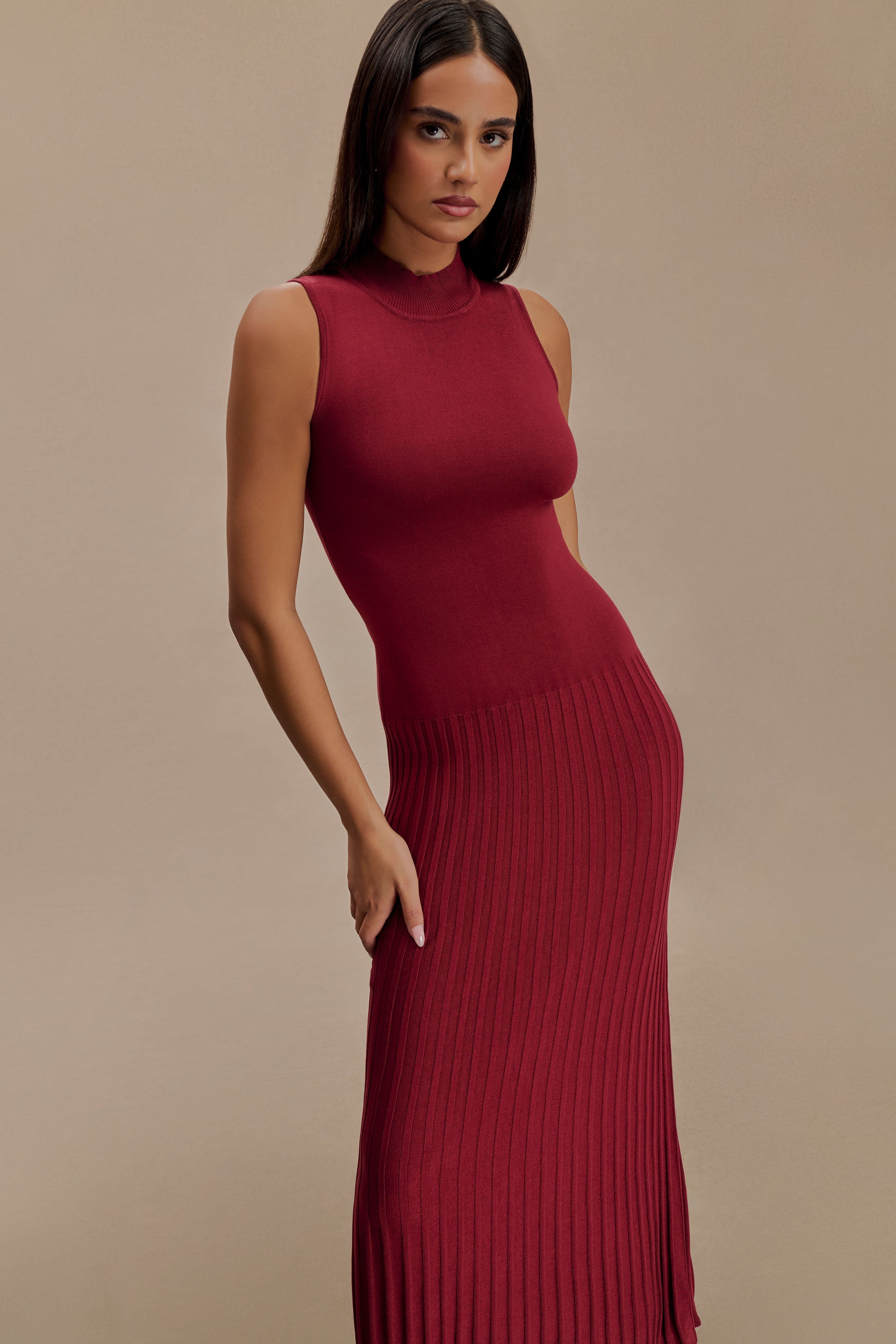 Mavis High Neck Pleated Maxi Dress - Mahogany、mySite、solidvoid