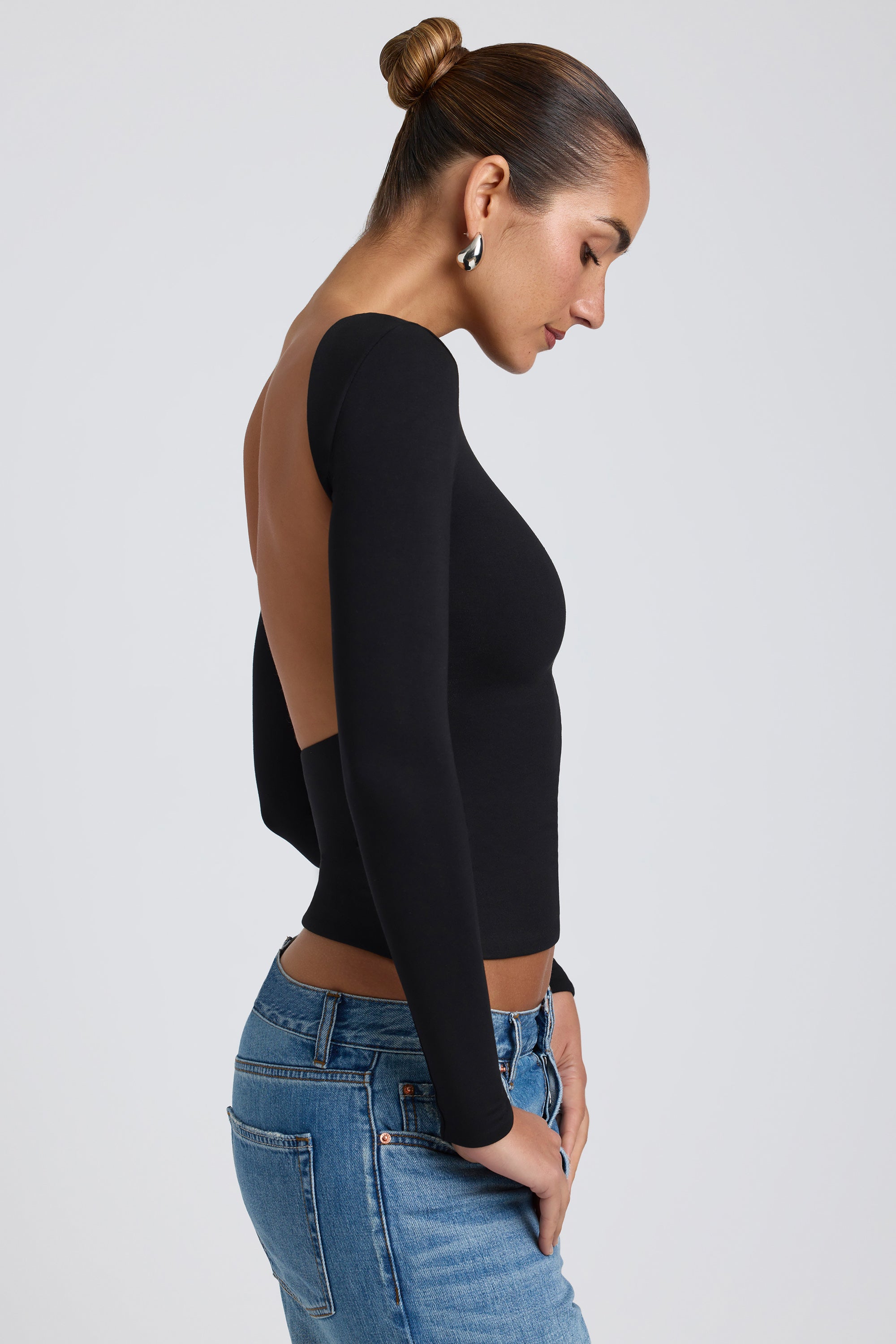 Modal High Neck Long Sleeve Open Back Top in Black、mySite、solidvoid