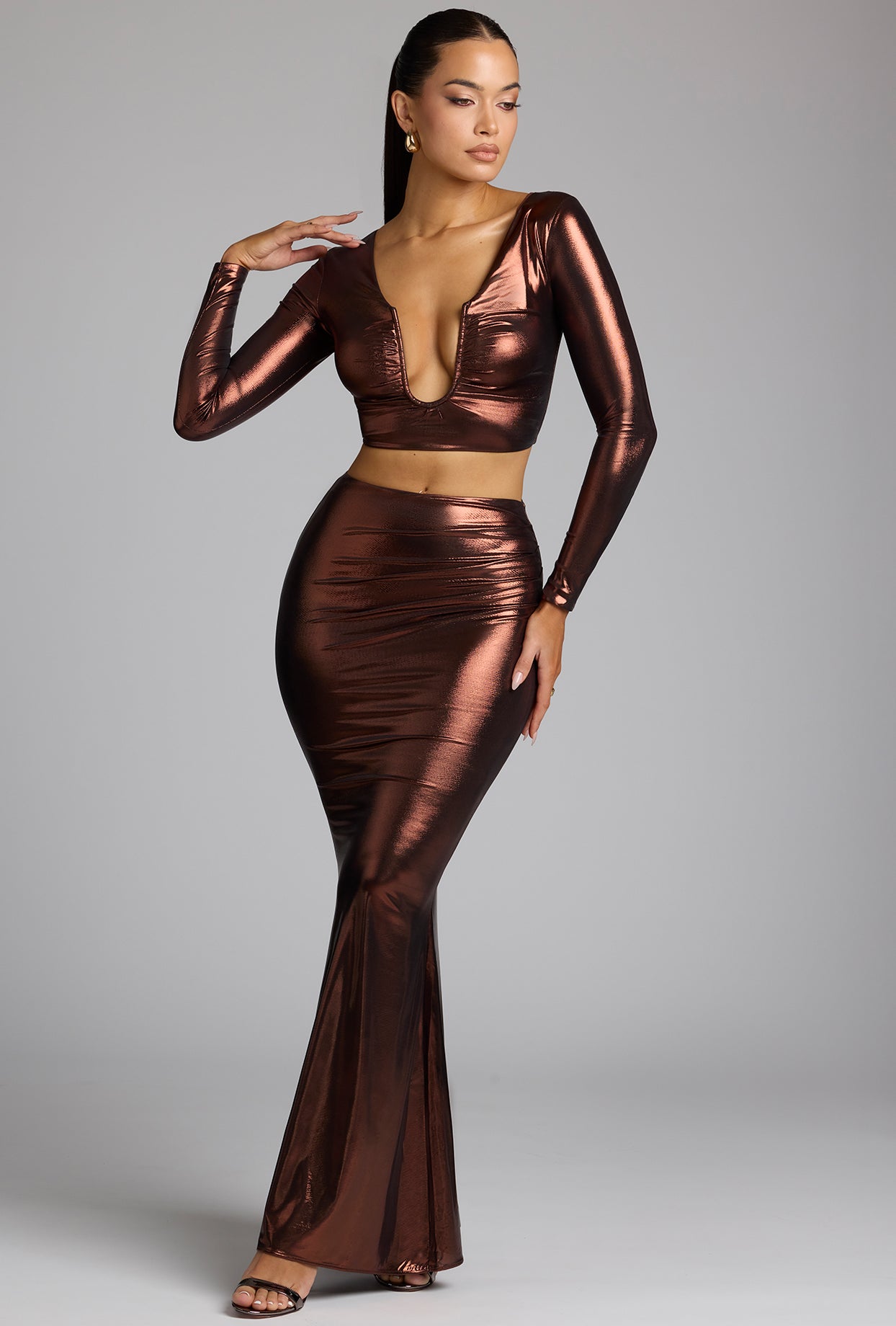 Mid Rise Metallic Jersey Gown Skirt in Copper Bronze、mySite、solidvoid