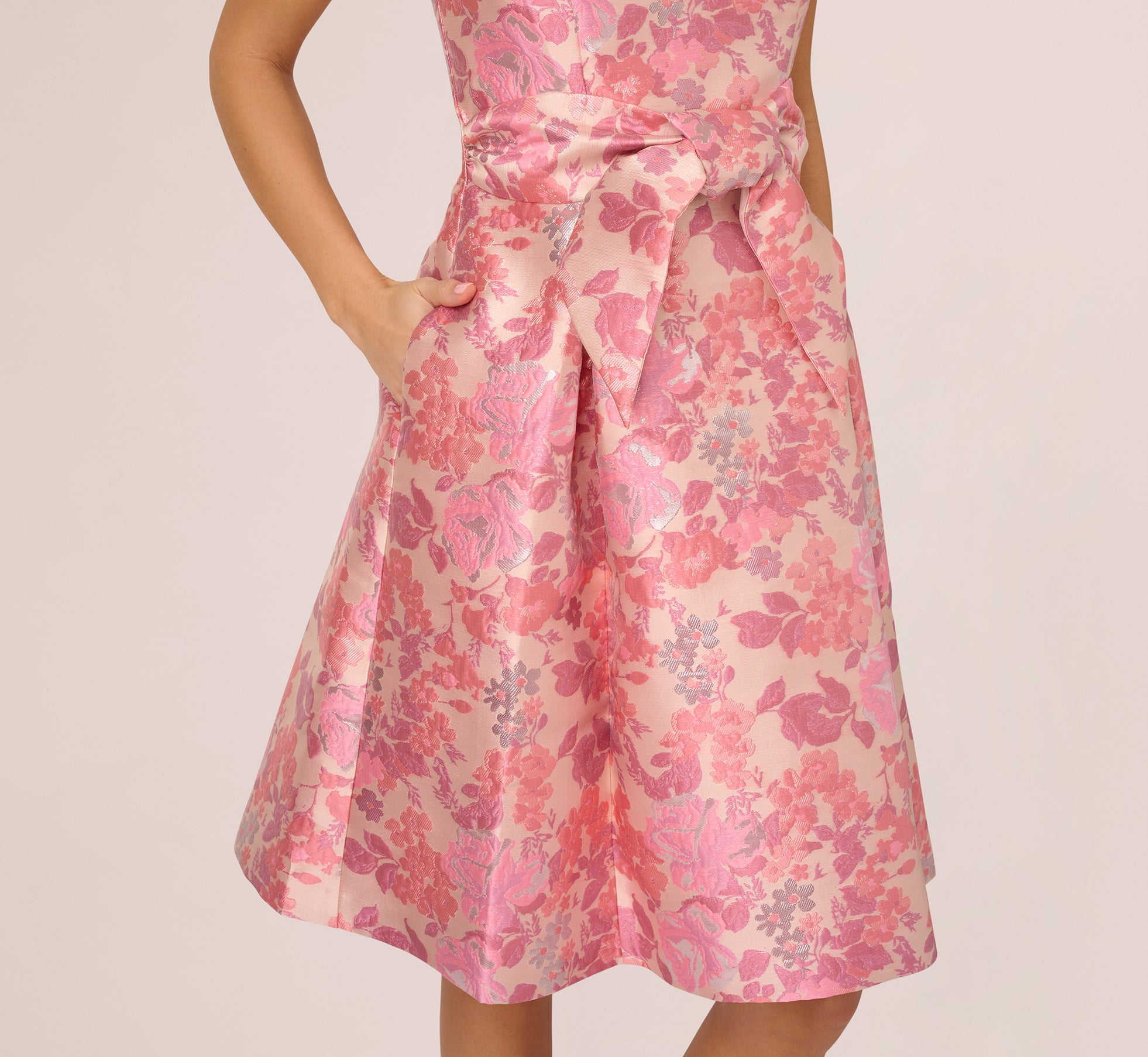 Sleeveless Floral Jacquard Fit And Flare Dress In Pink Multi、mySite、solidvoid