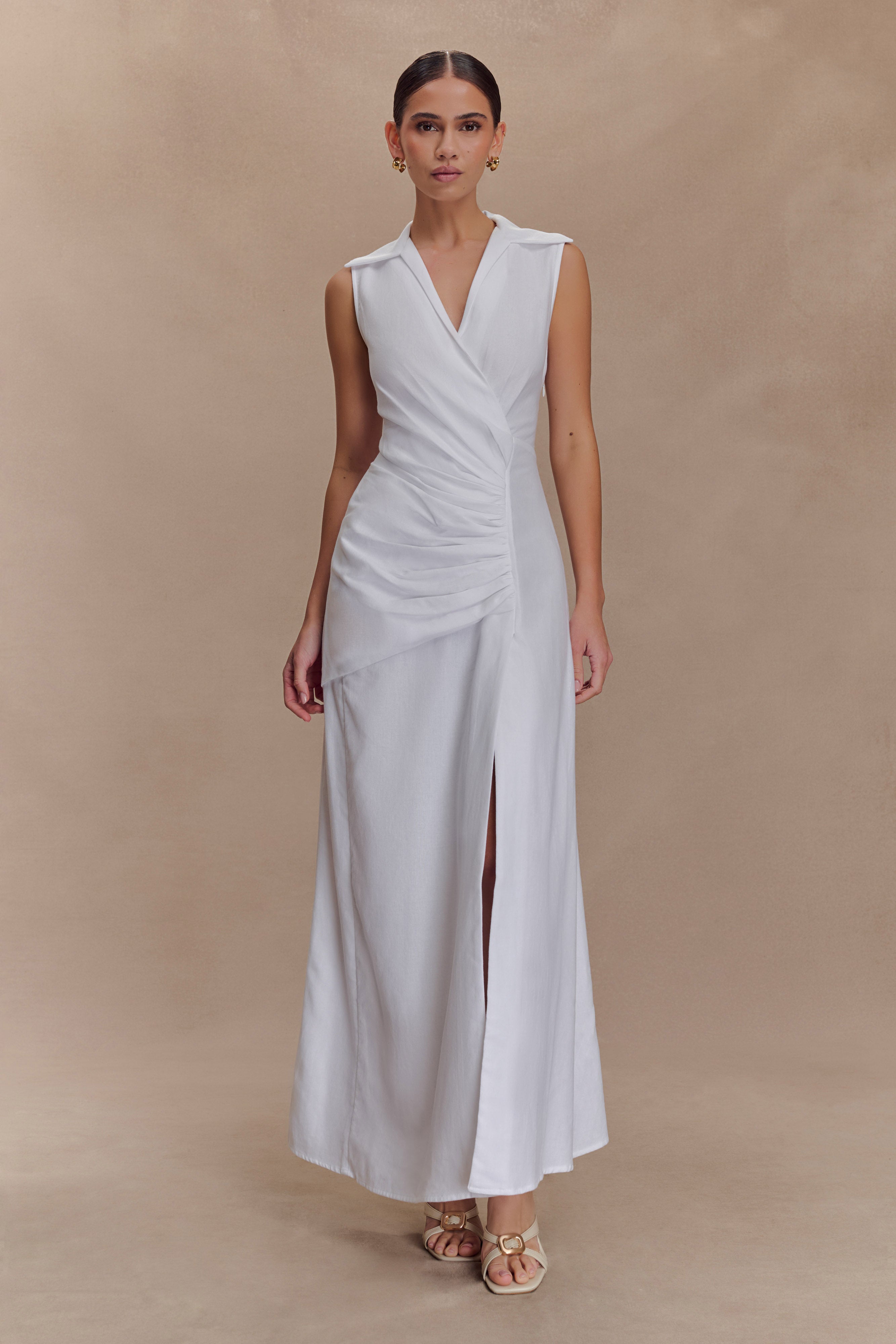 Dante Ruched Linen Midi Dress - White、mySite、solidvoid