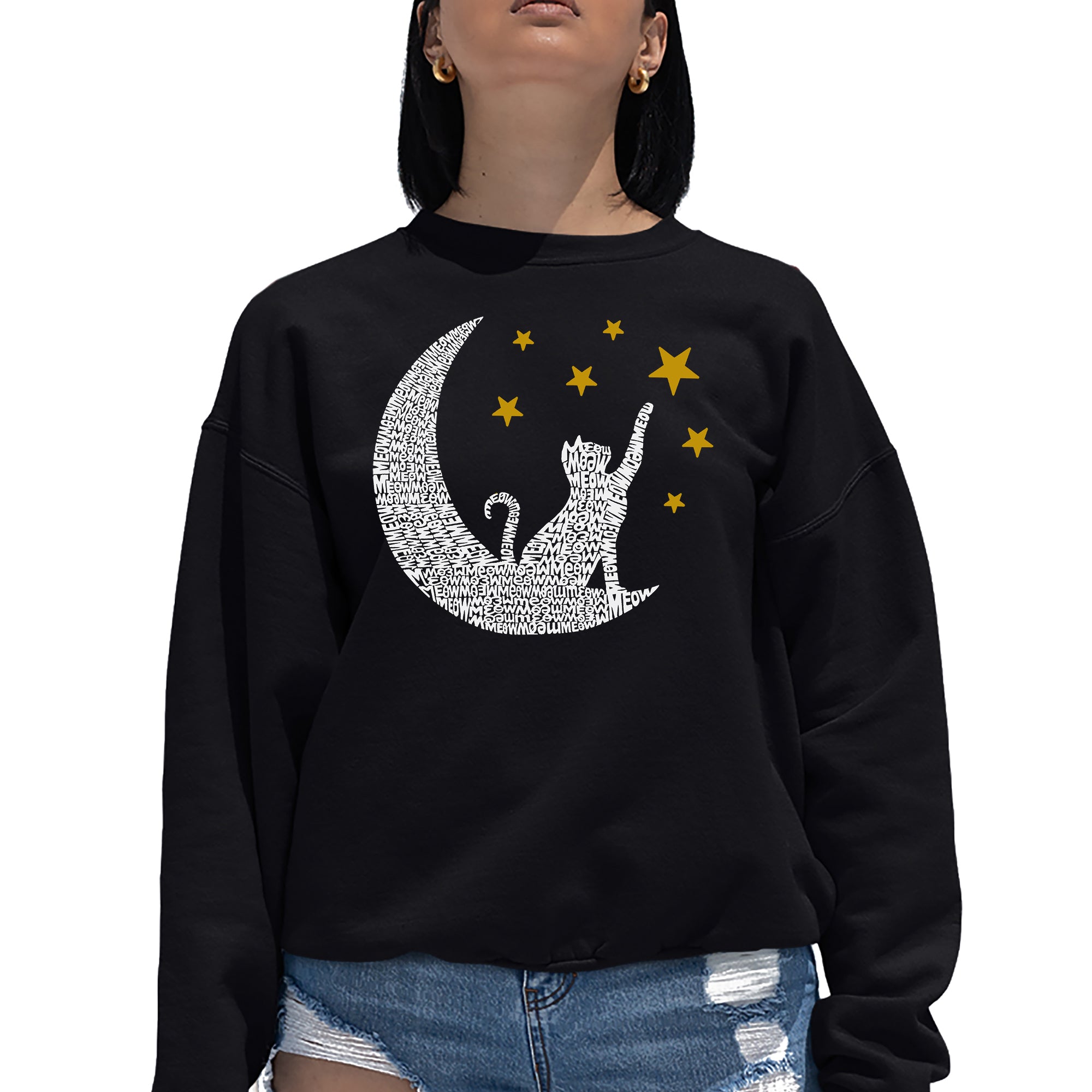 Cat Moon - Women's Word Art Crewneck Sweatshirt、mySite、camillekostekn