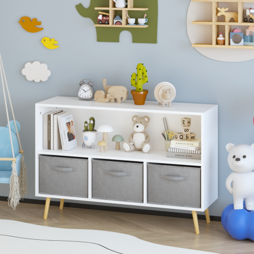 Kids bookcase with Collapsible Fabric Drawers, Children's Book Display, Toy Storage Cabinet Organizer, White/Gray、、casual