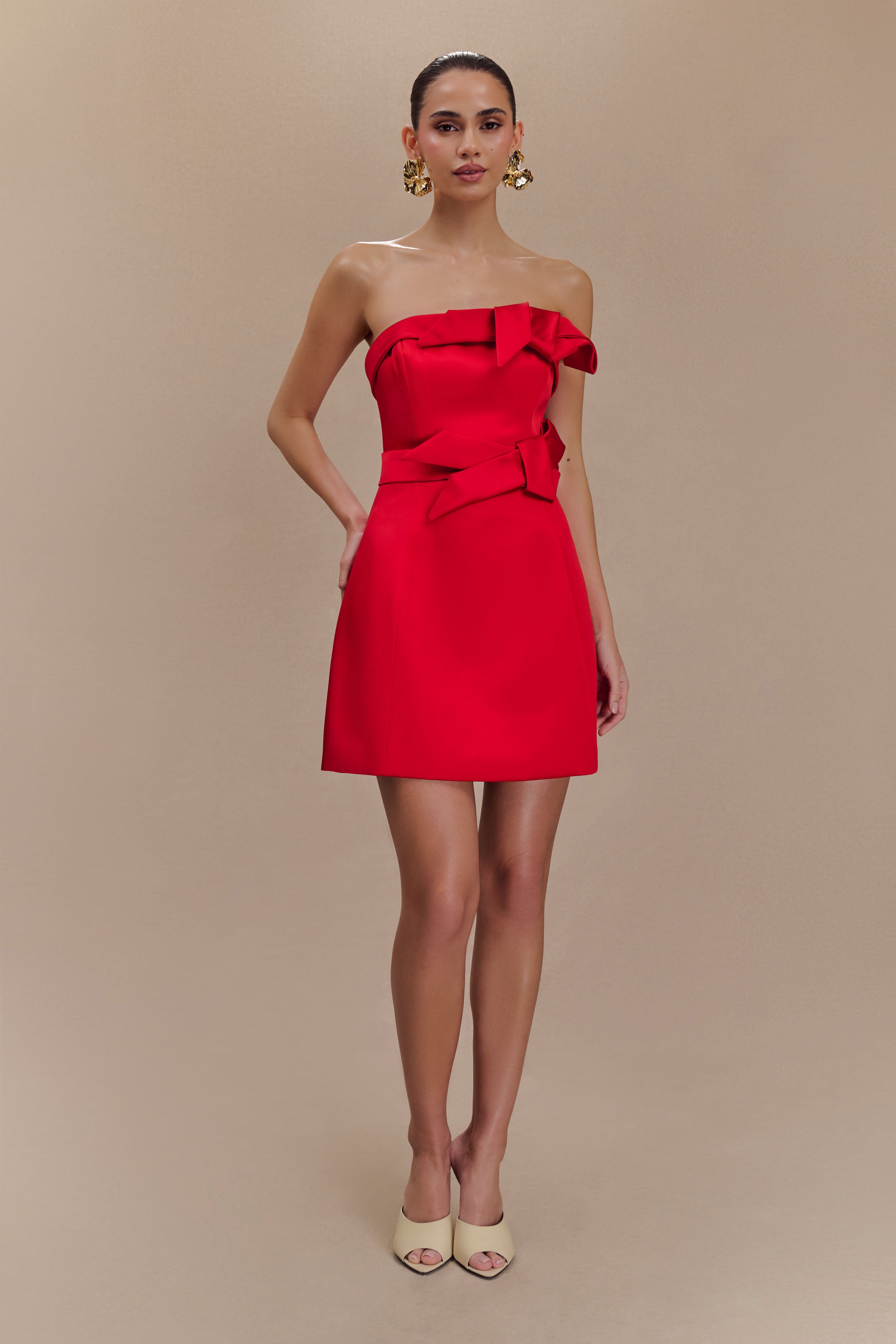 Tatiana Satin Strapless Bow Mini Dress - Red、mySite、solidvoid