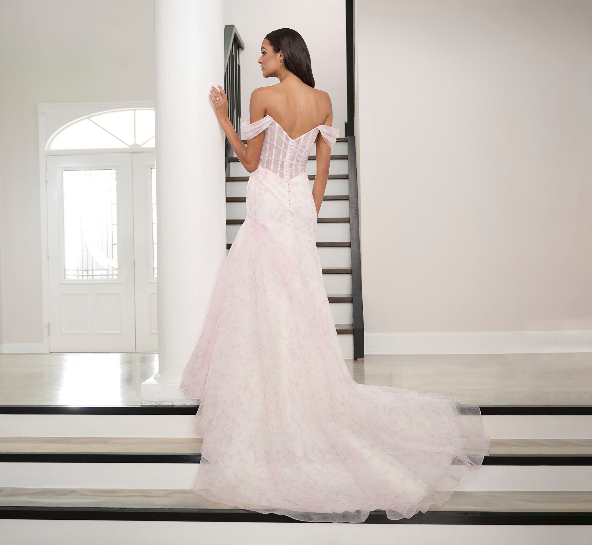 Watercolor Printed Organza Gown In Blush Multi、mySite、solidvoid