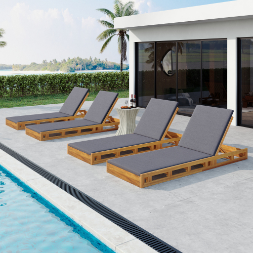 LOUNGE CHAISE SET, ACACIA WOOD WITH WATER-RESISTANT LOUNGE CUSHIONS (CREAM & 4 INCH THICK) - MATCHING DARK GREY VERSION AVAILABLE、、eastwooduniform