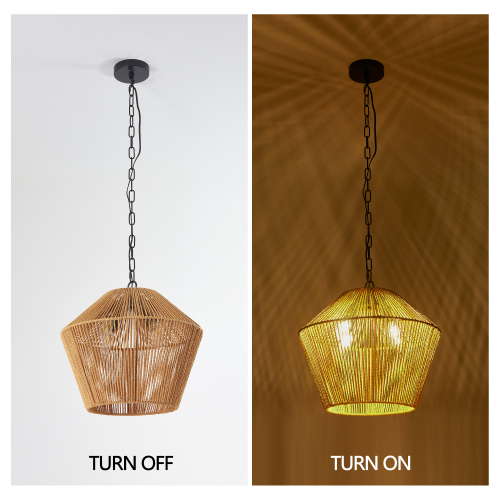 17" Boho Hemp Rope Pendant Light, Handcrafted Farmhouse Hanging Light Fixture for Kitchen Island, Dining Room, or Bedroom, Natural Finish, Adjustable Height (Bulb Not Included)、、eastwooduniform