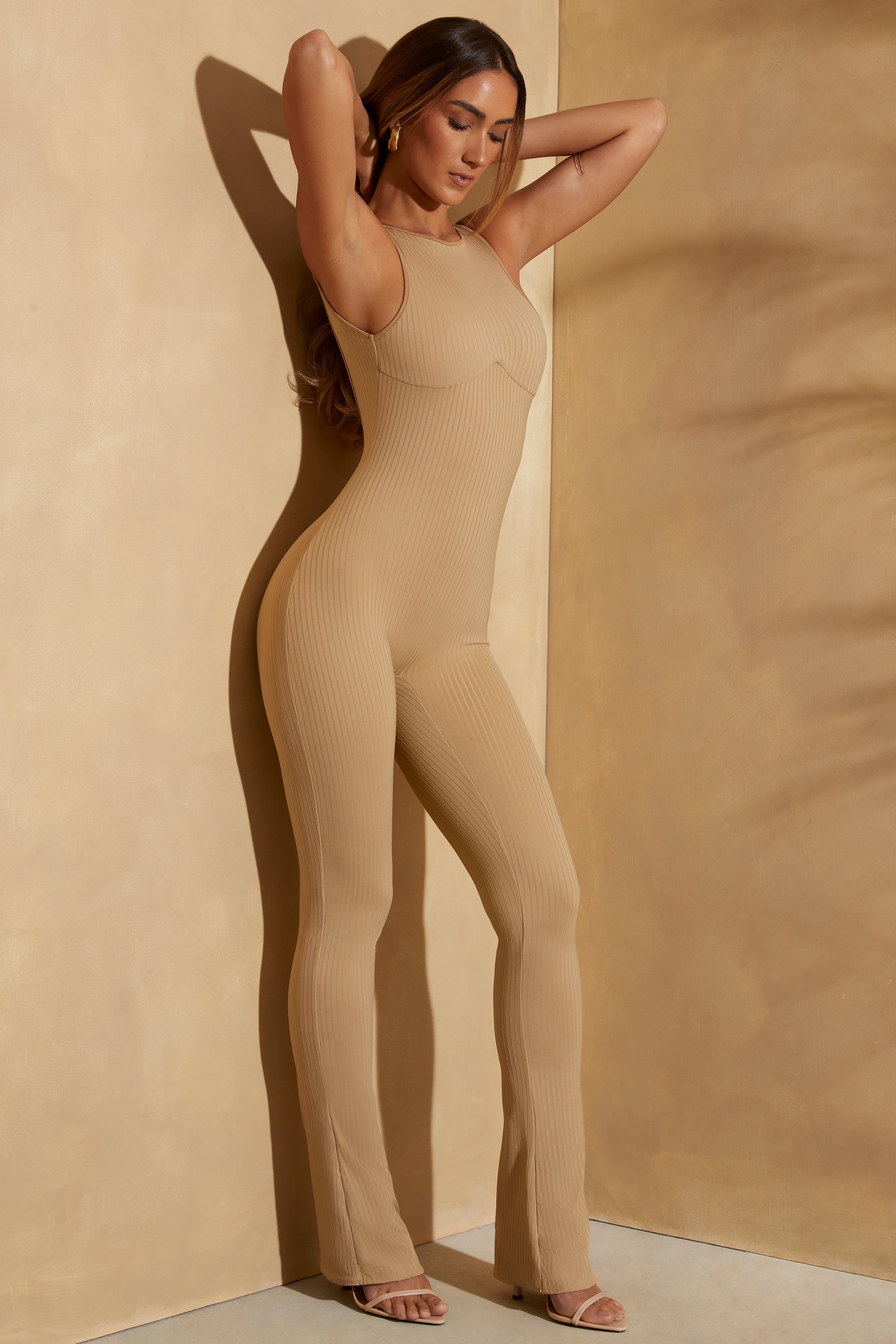 Petite Ribbed Cut Out Back Jumpsuit in Tan、mySite、solidvoid