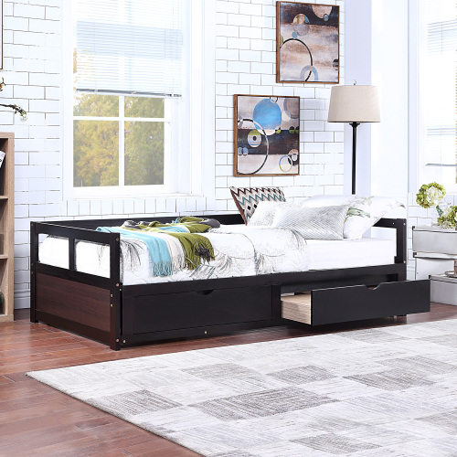 Wooden Daybed with Trundle Bed and Two Storage Drawers , Extendable Bed Daybed,Sofa Bed for Bedroom Living Room,White、、casual