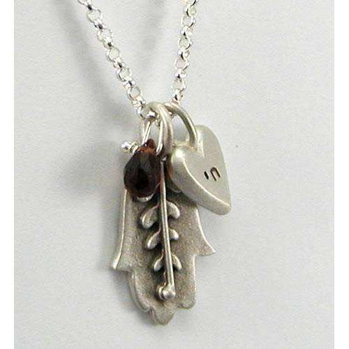 Emily Rosenfeld Hamsa Necklace with Chai Heart Charm and Dangling Garnet、mySite、topwebapps
