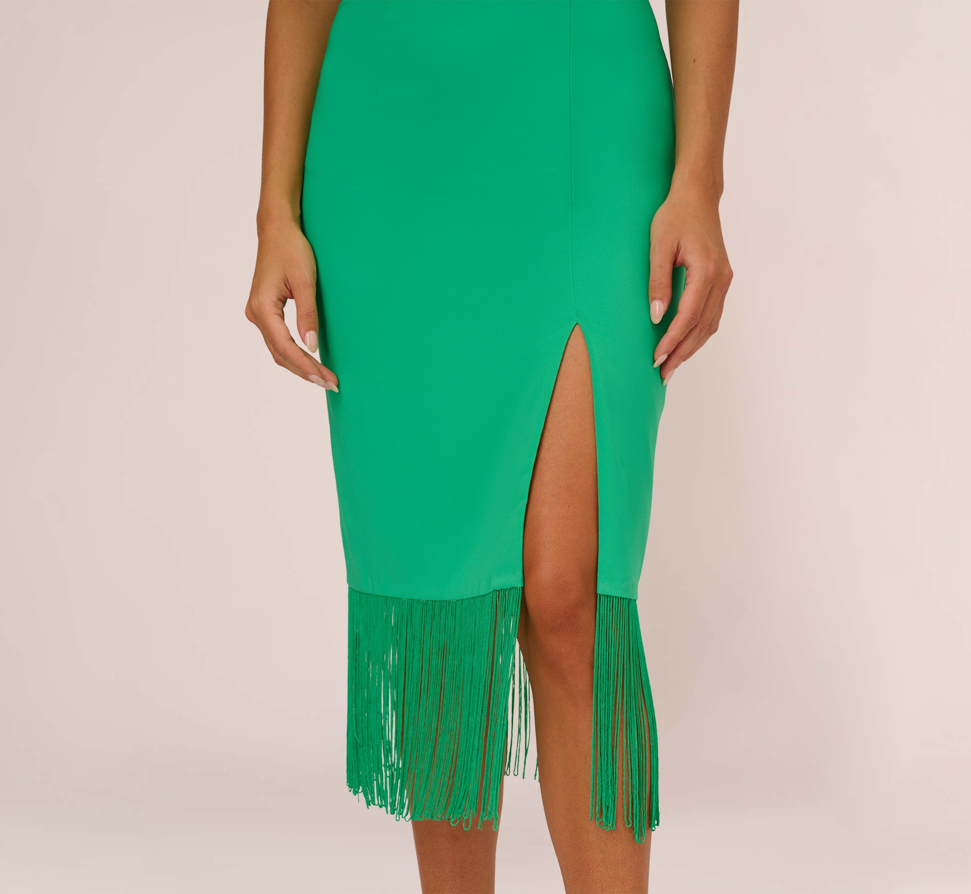 Stretch Crepe Popover Midi Dress With Fringe Hem In Summer Green、mySite、solidvoid