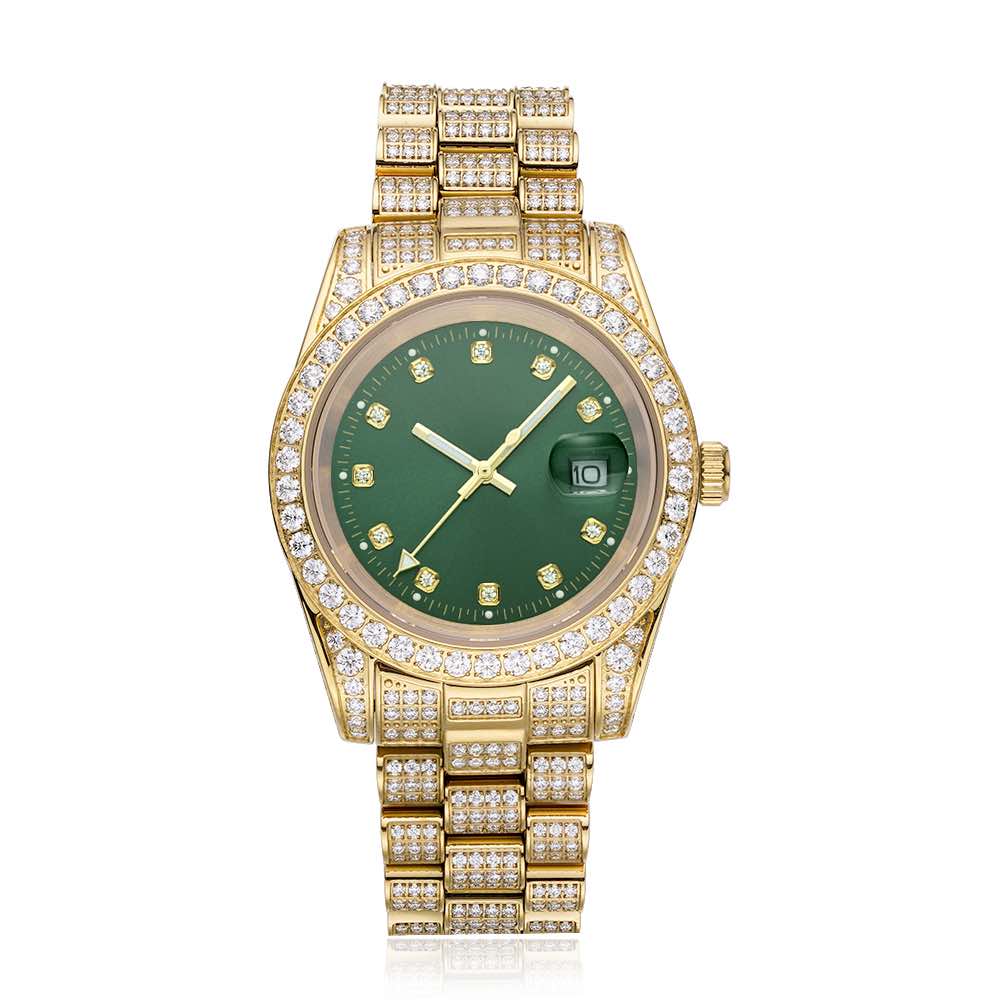 Moissanite Presidential Watch | Green Face | 41MM | 13.3CT Iced Out | 14K Yellow Gold、mySite、hinf8tx79