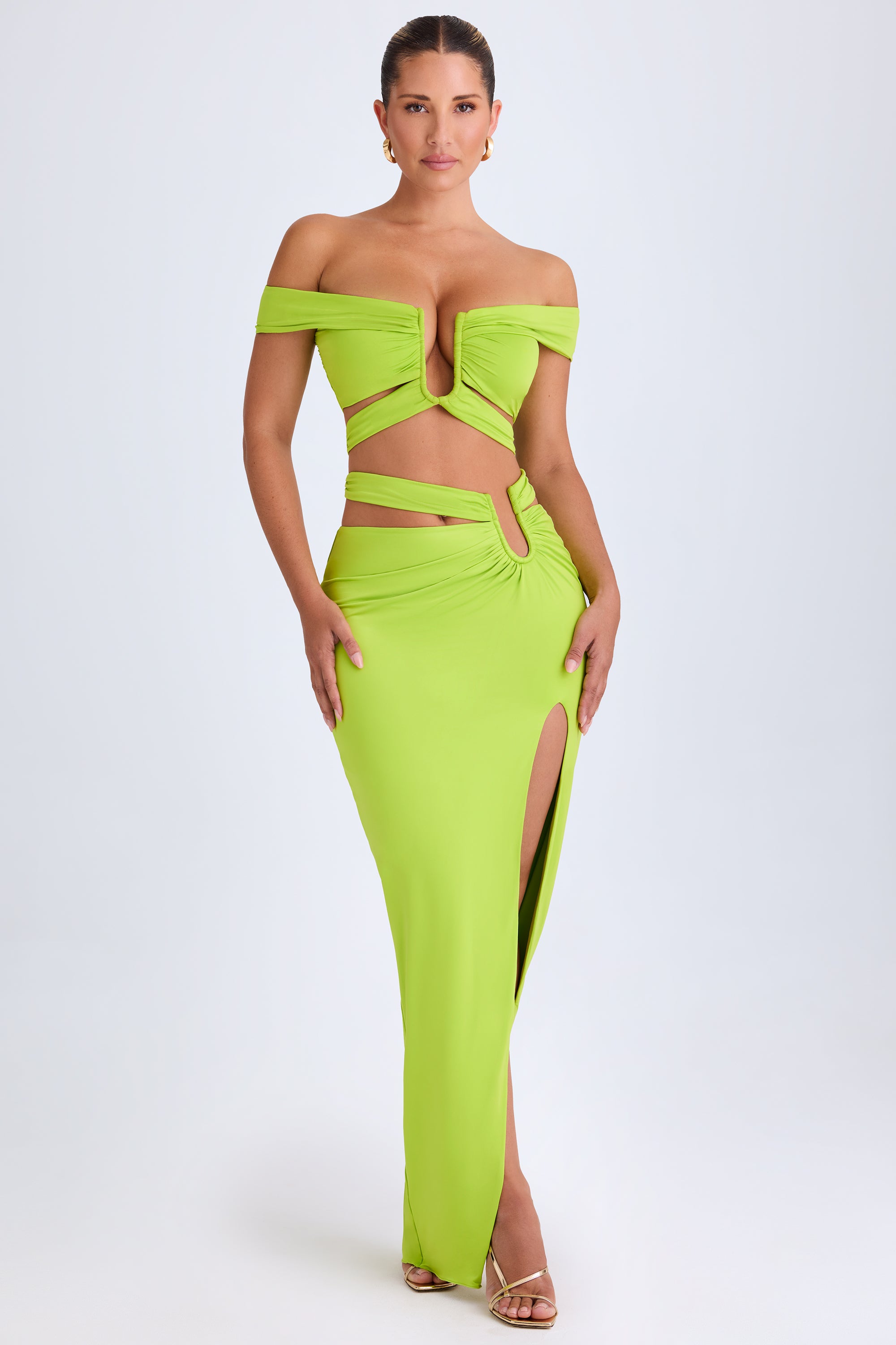 Asymmetric Cut-Out Maxi Skirt in Lime Green、mySite、solidvoid