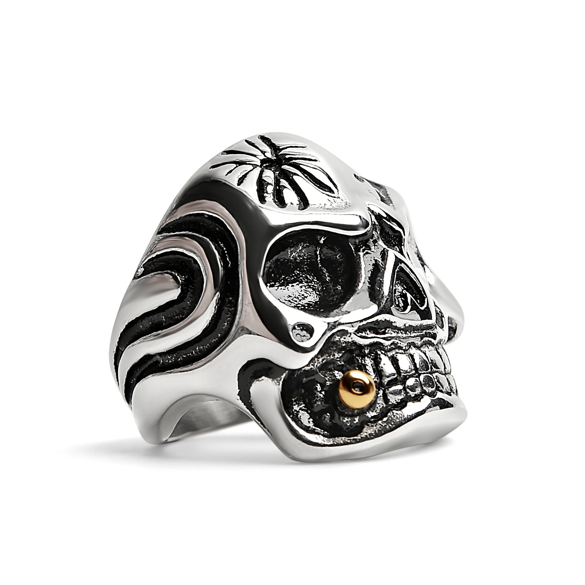 Stainless Steel Skull Smoking 18K Gold PVD Coated Cigar And Single CZ Eye Ring / SCR4047、mySite、dreamappss