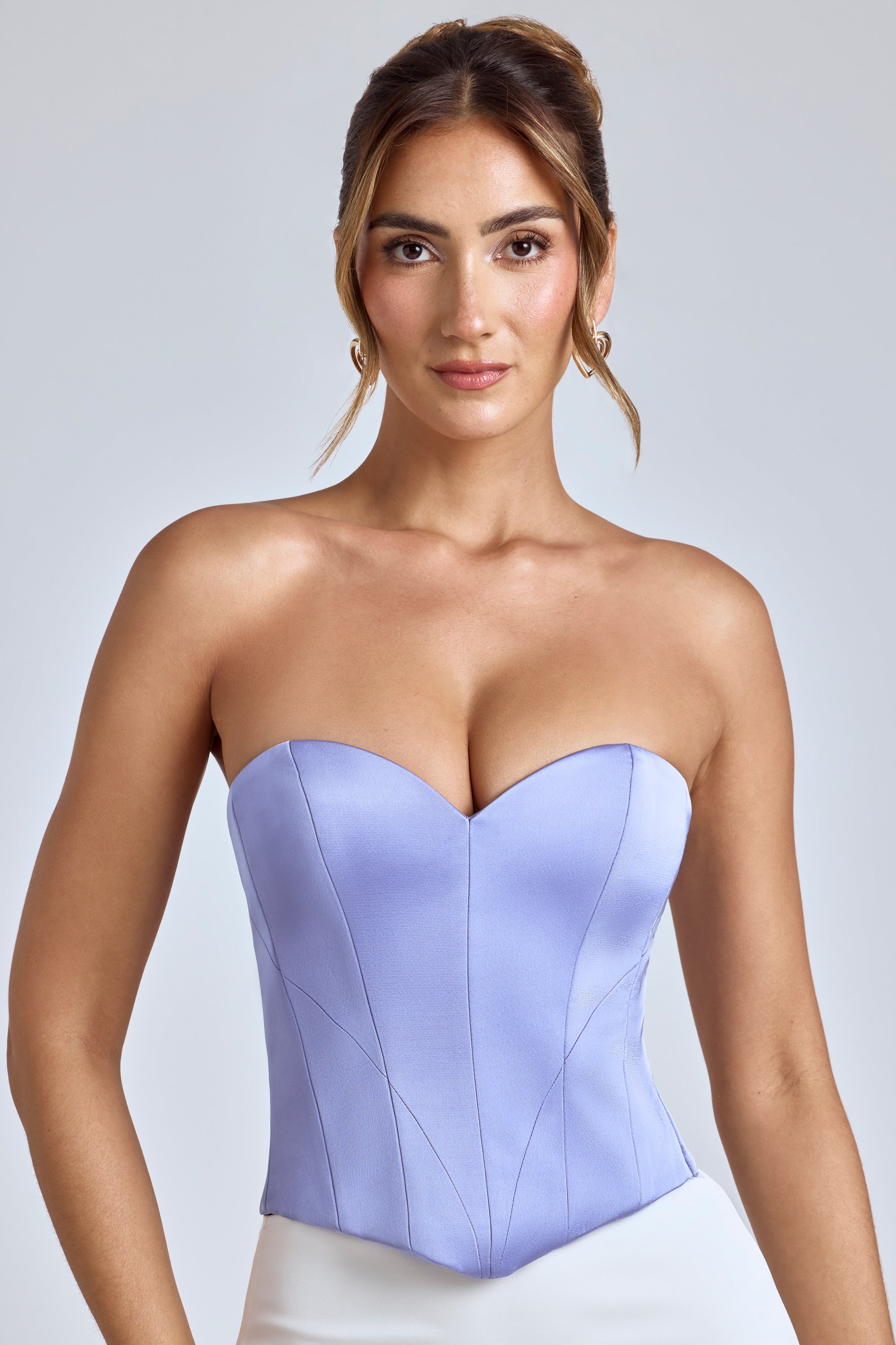 Strapless Lace-Up Satin Corset in Blue Lavender、mySite、solidvoid