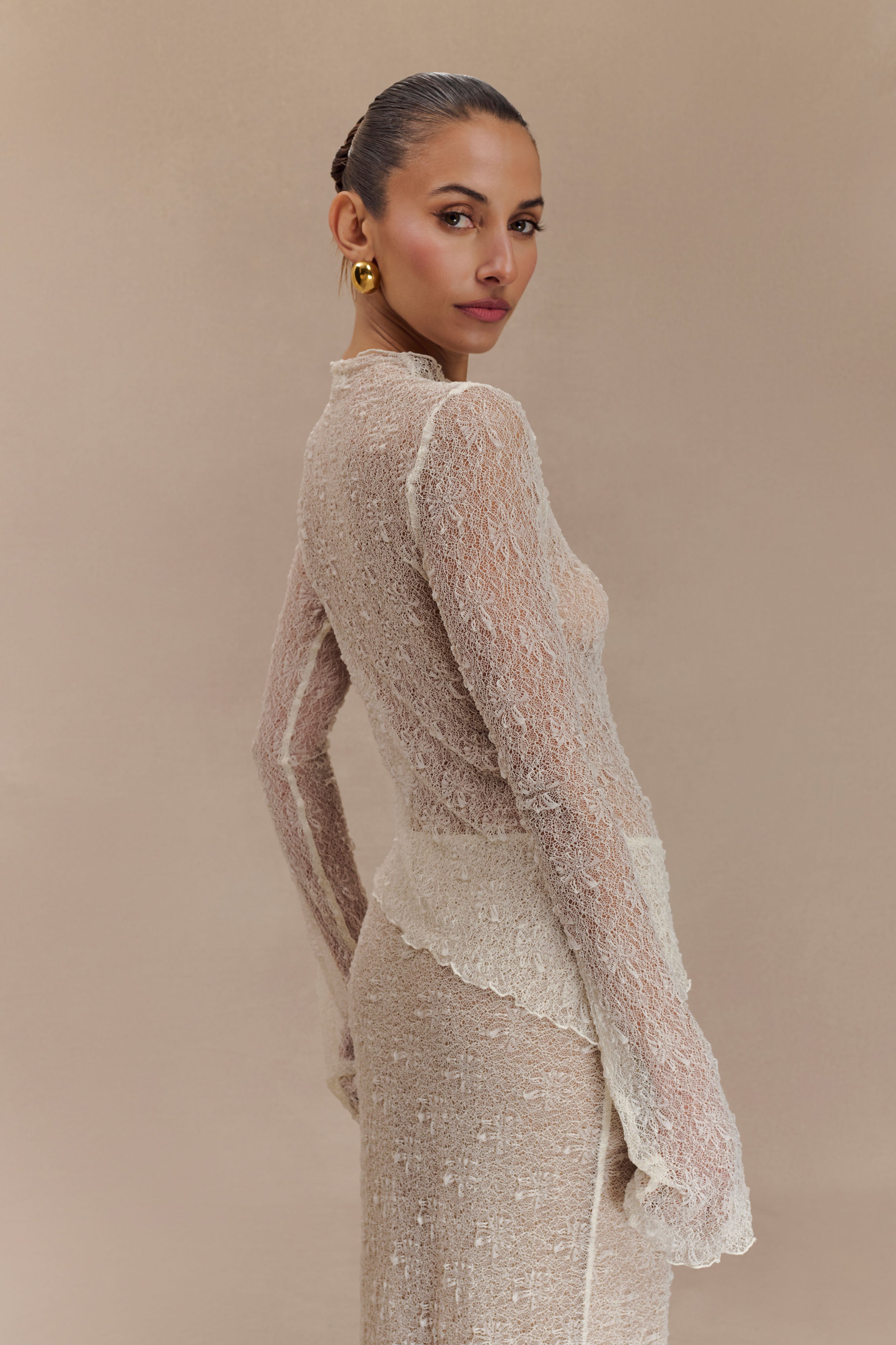 Riley Sheer Lace Long Sleeve Top - Ivory、mySite、solidvoid