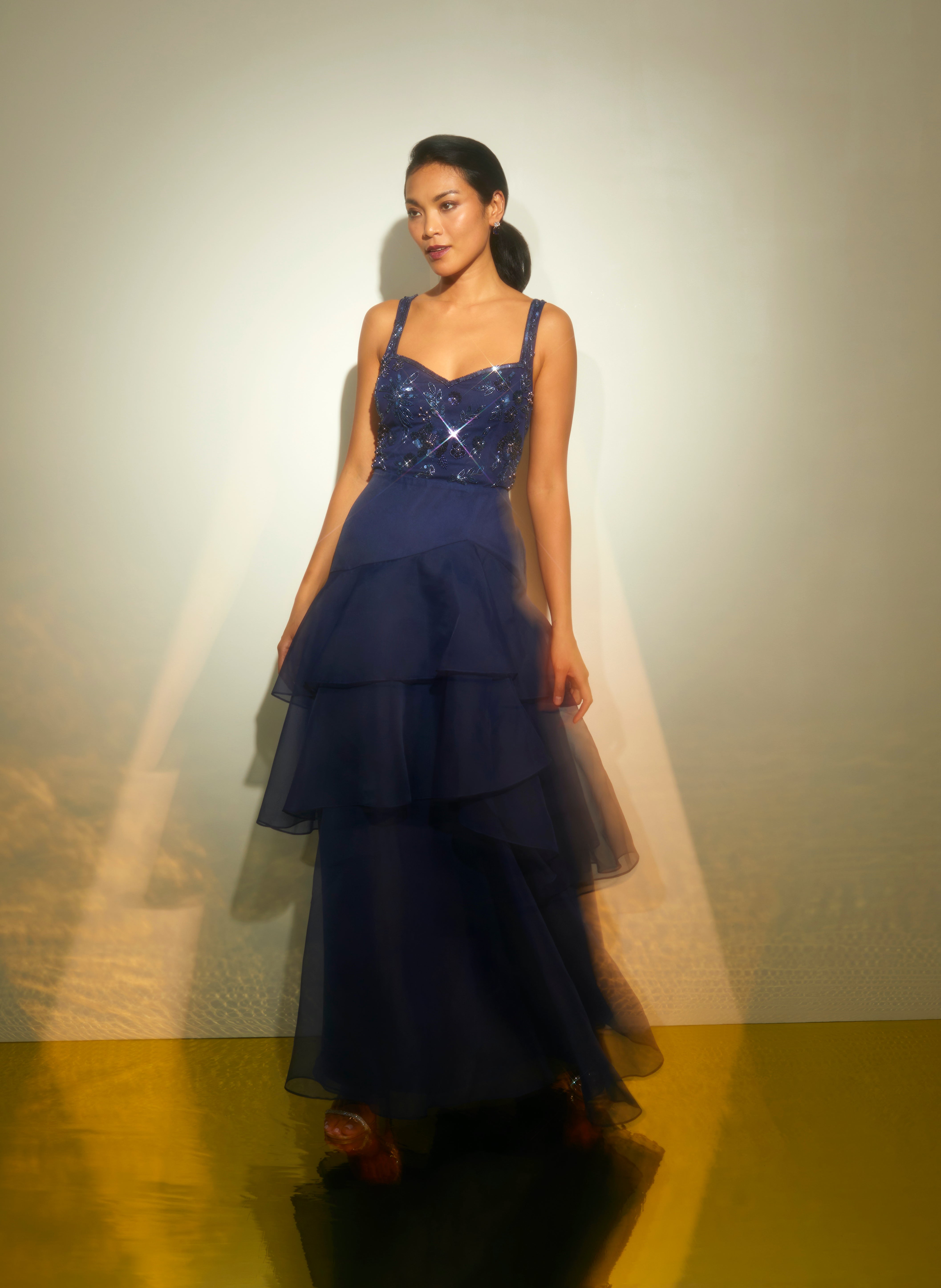 Tiered Organza Gown With Beaded Bodice In Navy、mySite、solidvoid