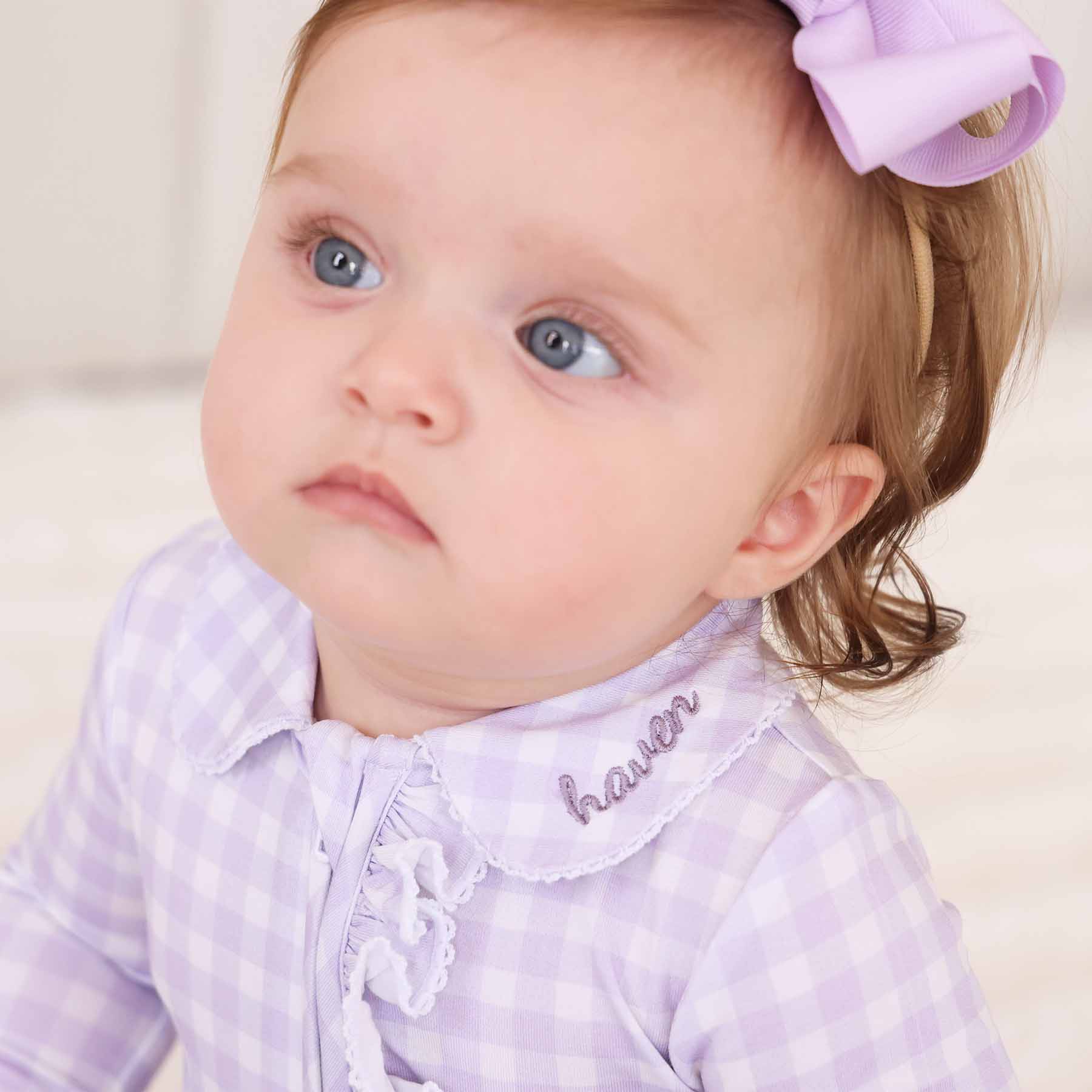  Peter Pan Collar Ruffle Zipper Footie | Lilac Gingham、mySite、layawaytickets