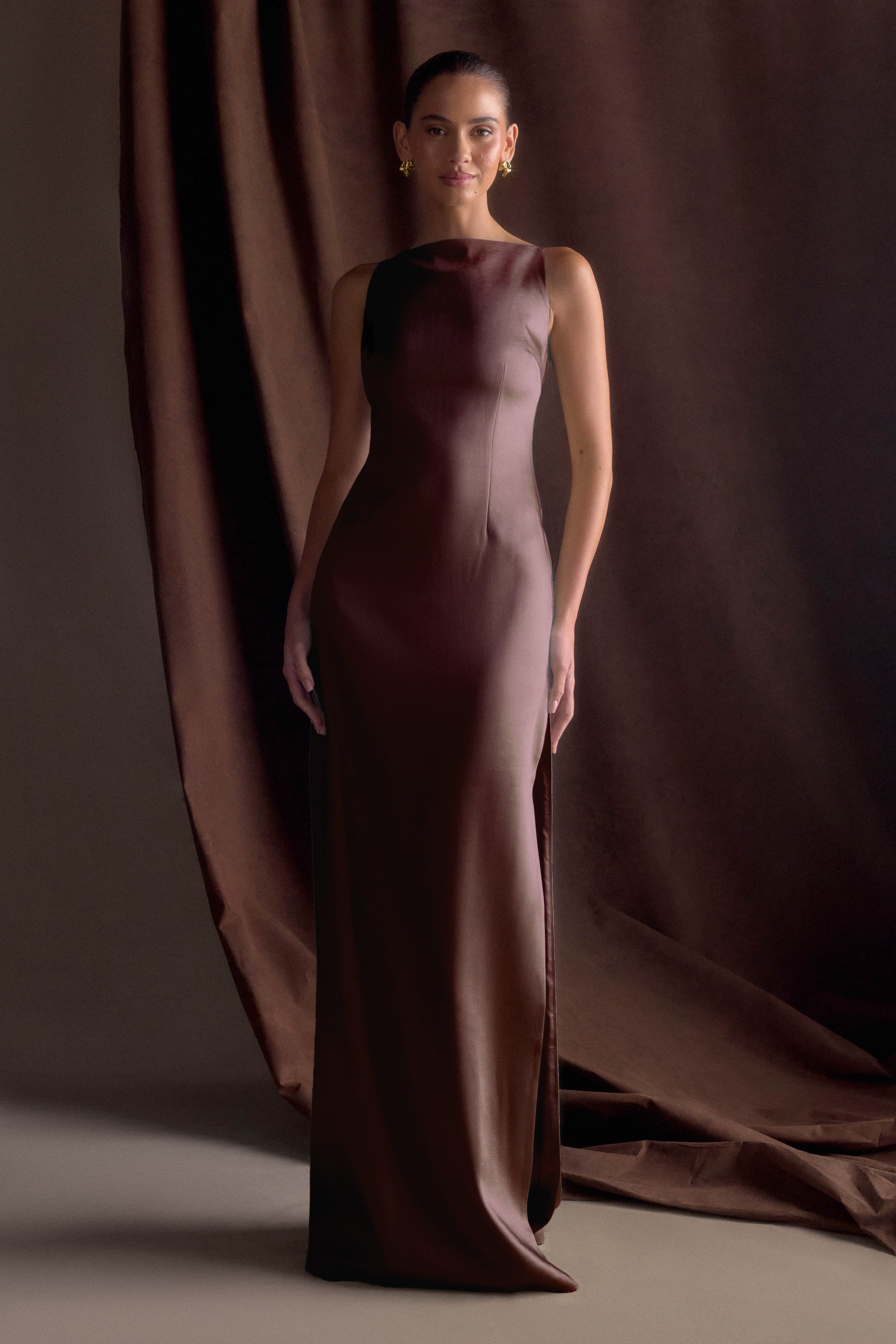 Violet Sleeveless Satin Maxi Dress - Dark Chocolate、mySite、solidvoid