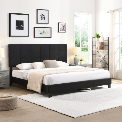 King Size Upholstered Platform Bed Frame with Button Tufted Linen Fabric Headboard, No Box Spring Needed, Wood Slat Support, Easy Assembly, Gray、、casual