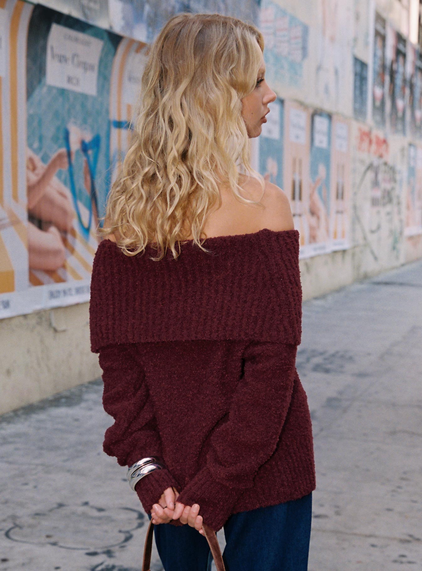 Parkley Boucle Off The Shoulder Sweater Burgundy、mySite、solidvoid