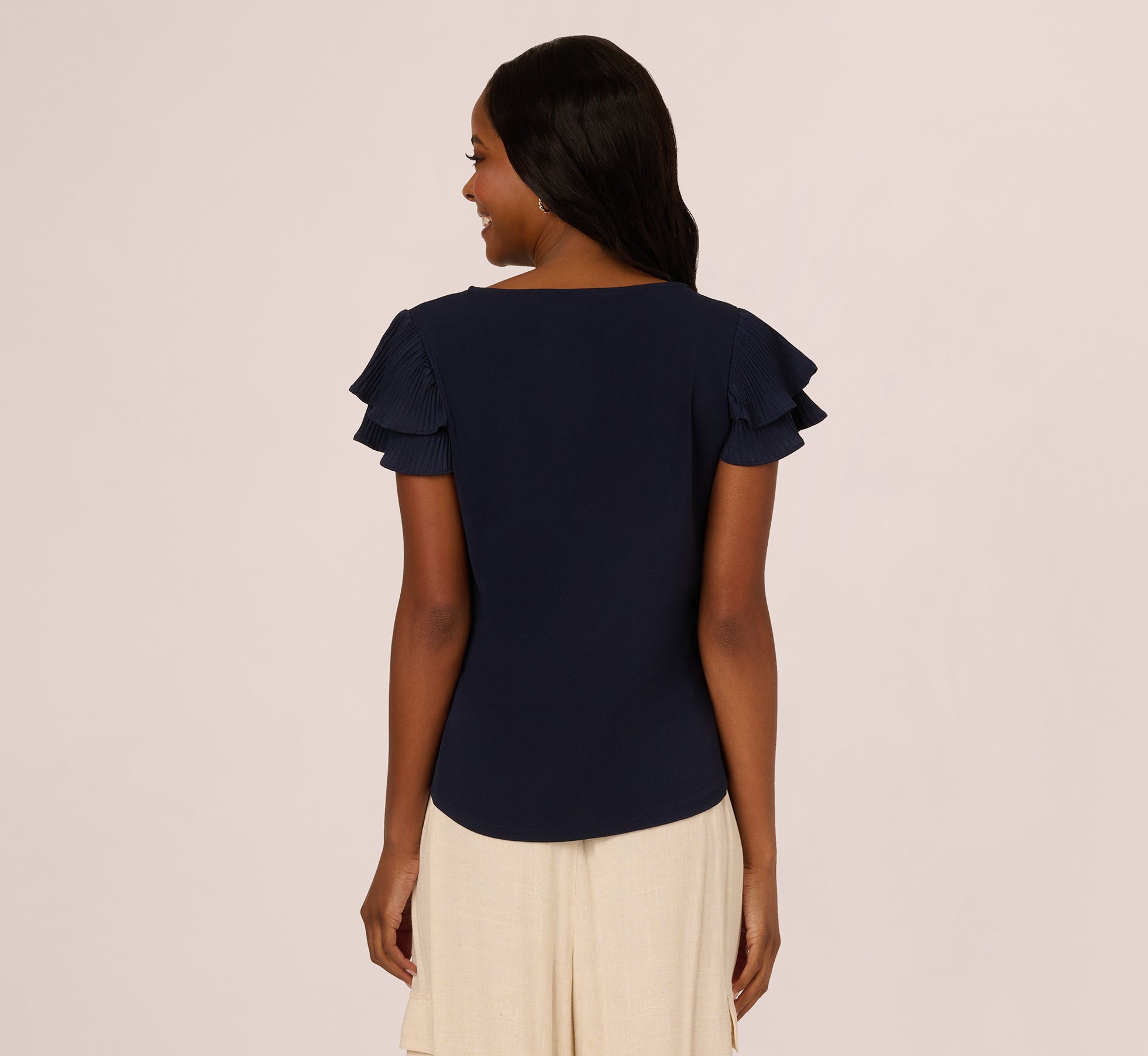 Double Flutter Sleeve Top With Pleated Details In Blue Moon、mySite、solidvoid