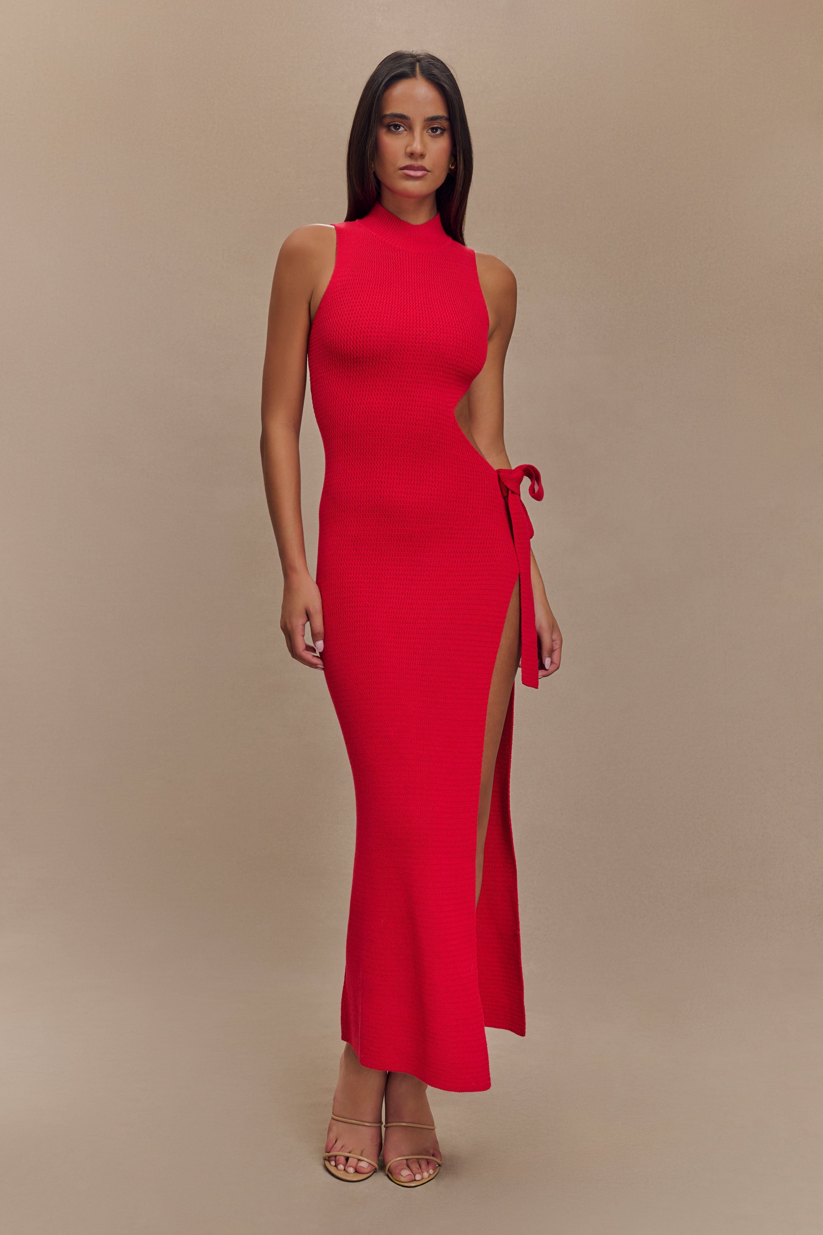 Stephanie Cut Out Knit Maxi Dress - Red、mySite、solidvoid