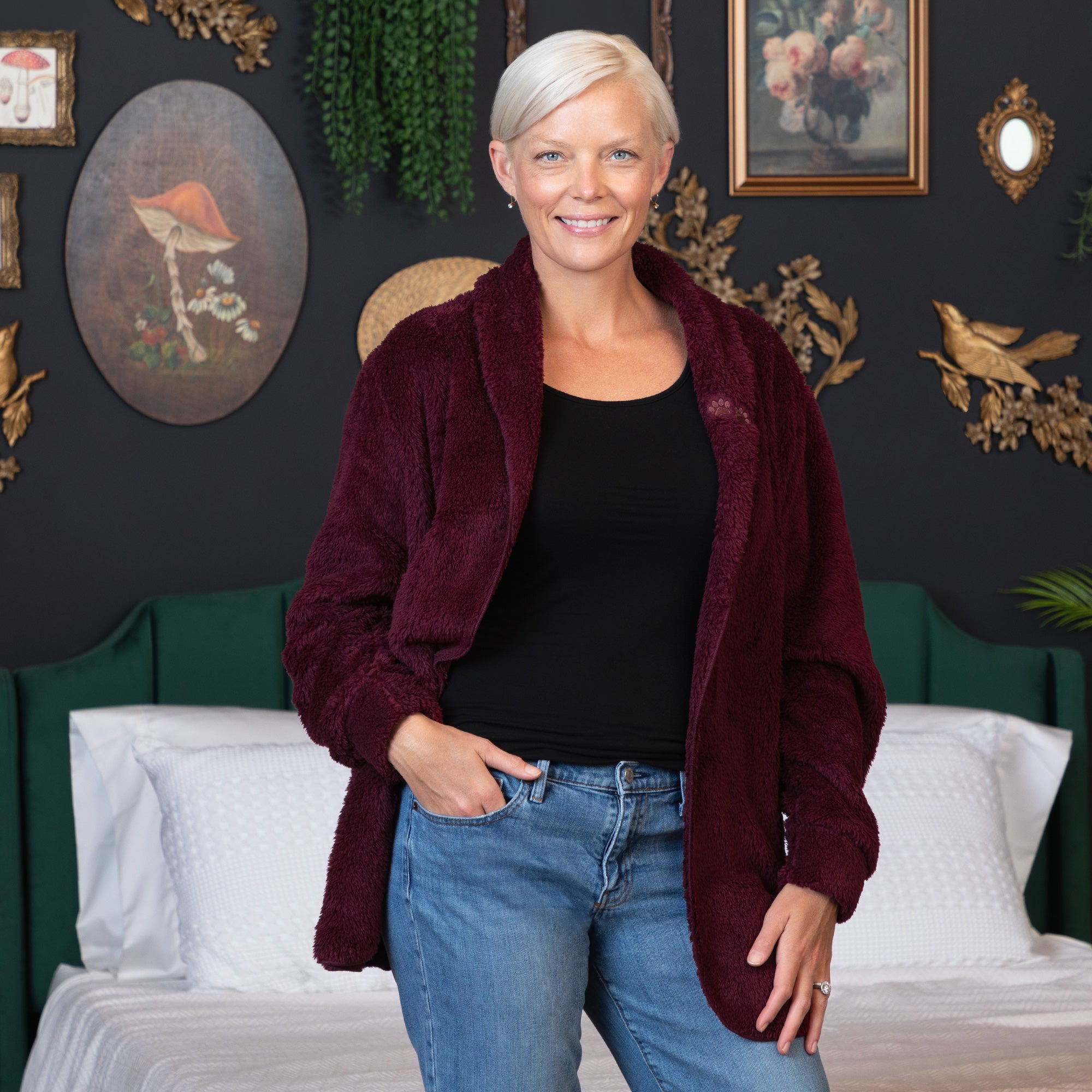 Paw Print Plush Sherpa Fleece Open Jacket with Pockets、mySite、camillekostekn