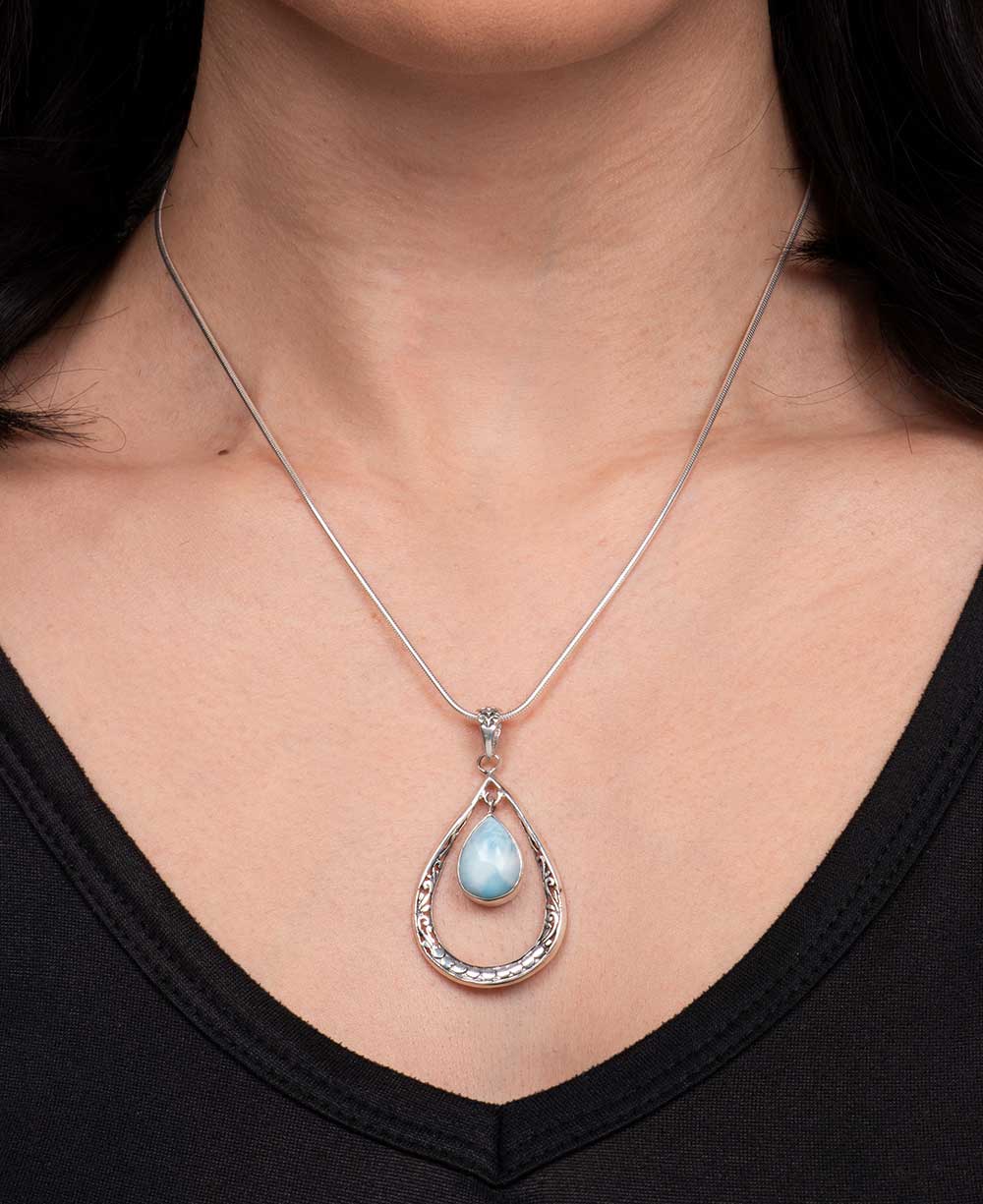 Sterling Silver Teardrop Floral Larimar Pendant、mySite、topwebapps