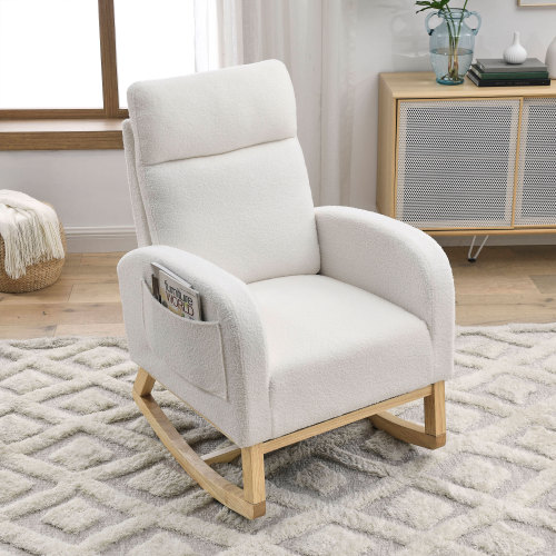 Video Welike 27.6"W Modern Accent High Backrest Living Room Lounge Arm Rocking Chair, Two Side Pocket ,Teddy White (Ivory)、、casual
