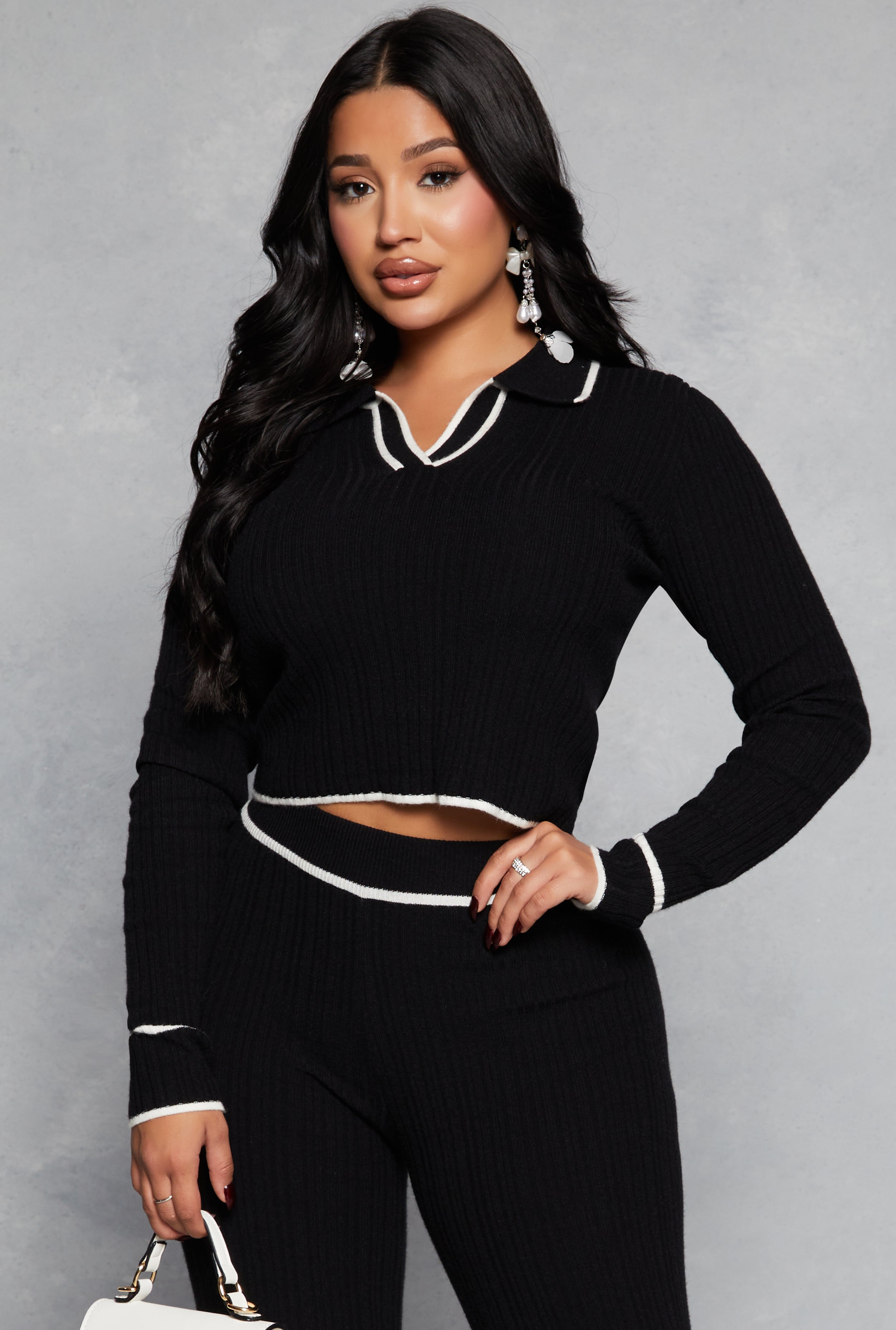 Ribbed Knit Contrast Trim Crop Top、mySite、camillekostekn