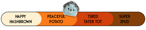 A Spudsters dino triceratops plush by Aurora that is placed at peaceful potato on the spud-o-meter