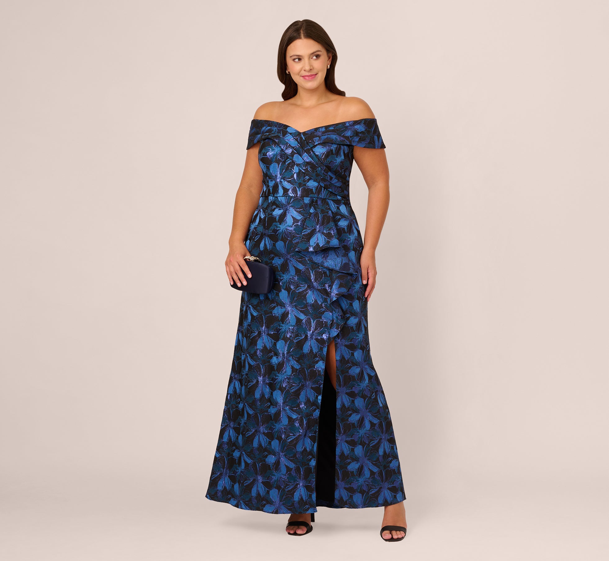 Plus Size Off Shoulder Jacquard Gown In Blue Multi、mySite、solidvoid