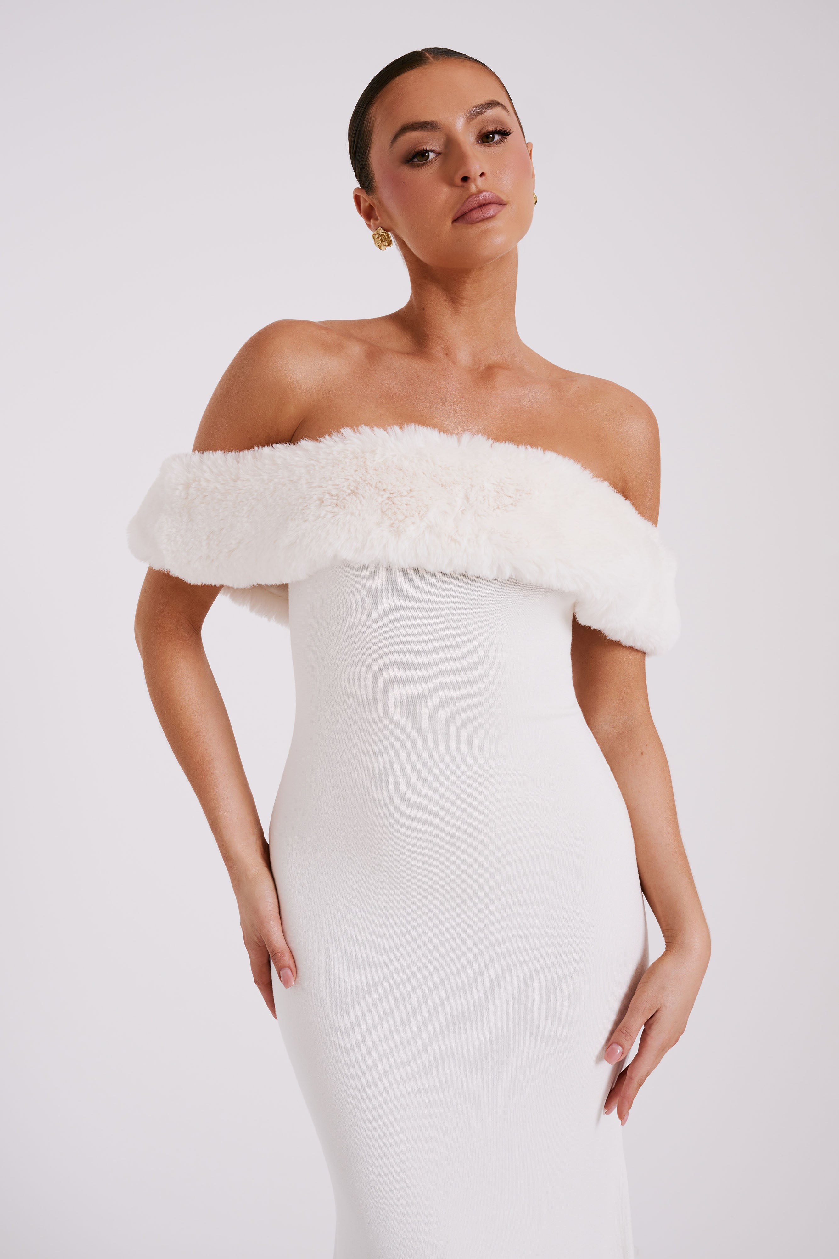 Angelica Off Shoulder Knit Midi Dress With Faux Fur - Ivory、mySite、solidvoid