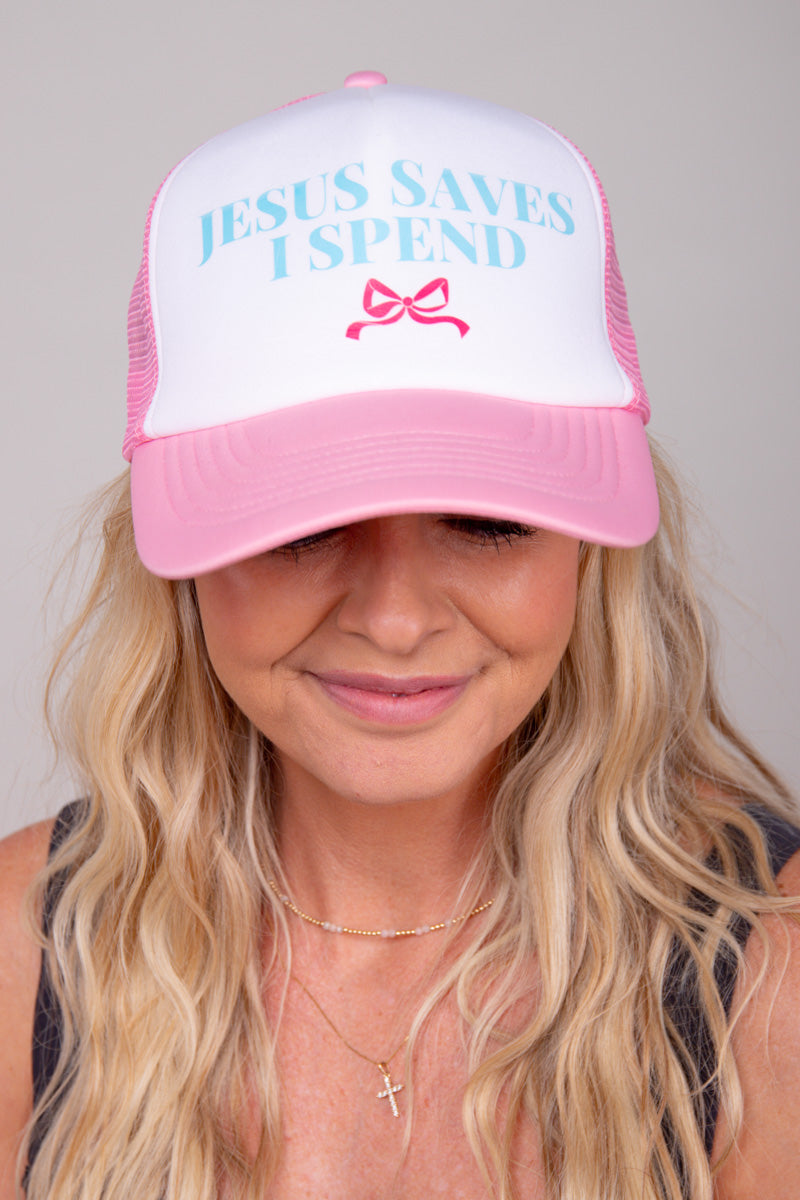 Jesus Saves I Spend Trucker Hat - Pink、mySite、hinf8tx79