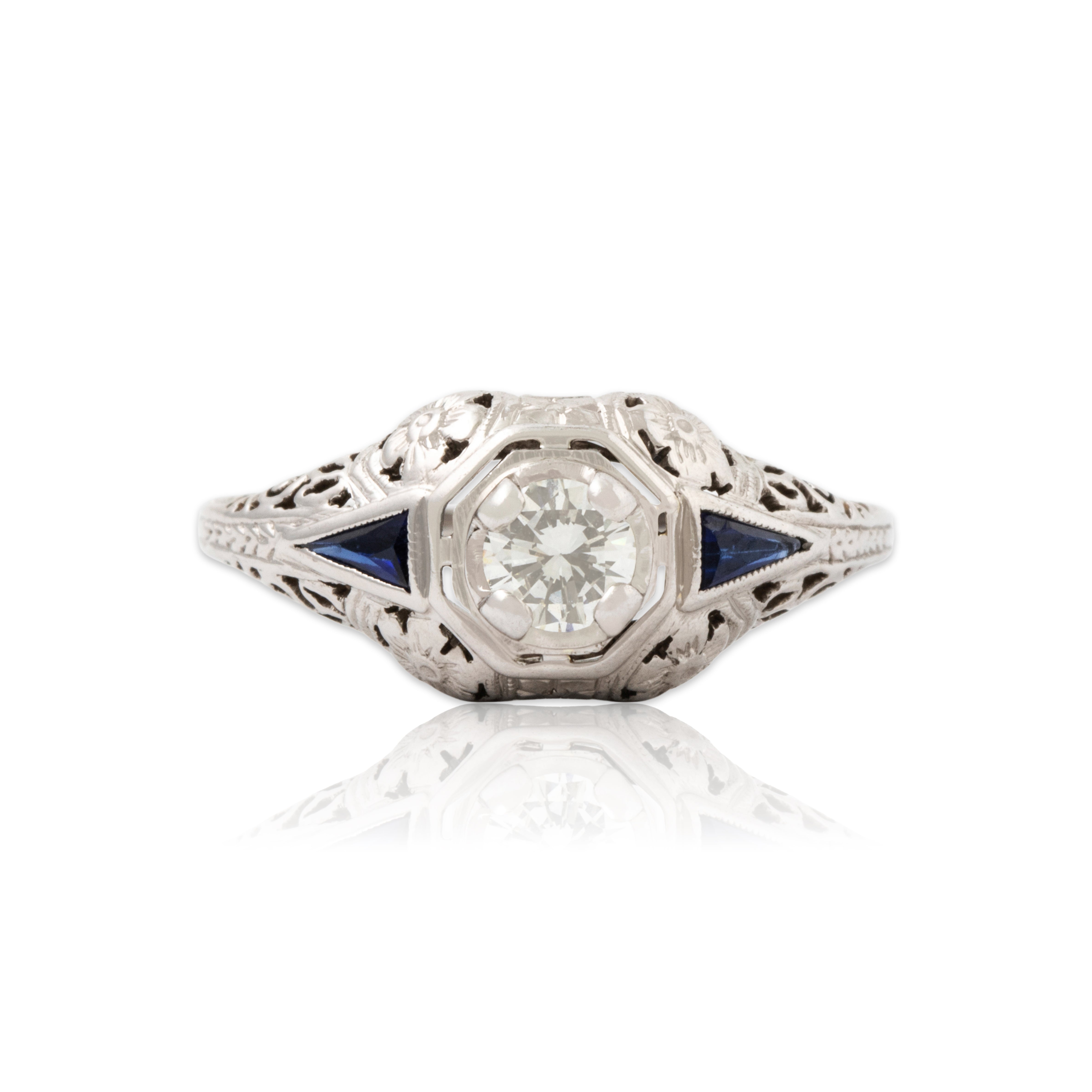 Antique Belais 18k White Gold Natural Diamond Blue Synthetic Sapphire Ring、mySite、hinf8tx79